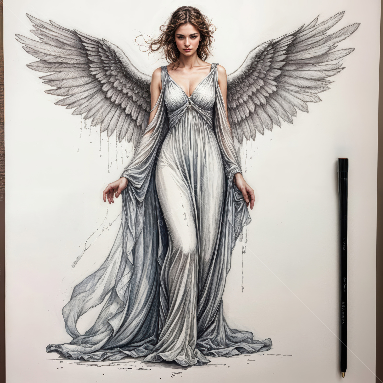 Ethereal angel gracefully emerging with majestic wings in a serene artistic depiction