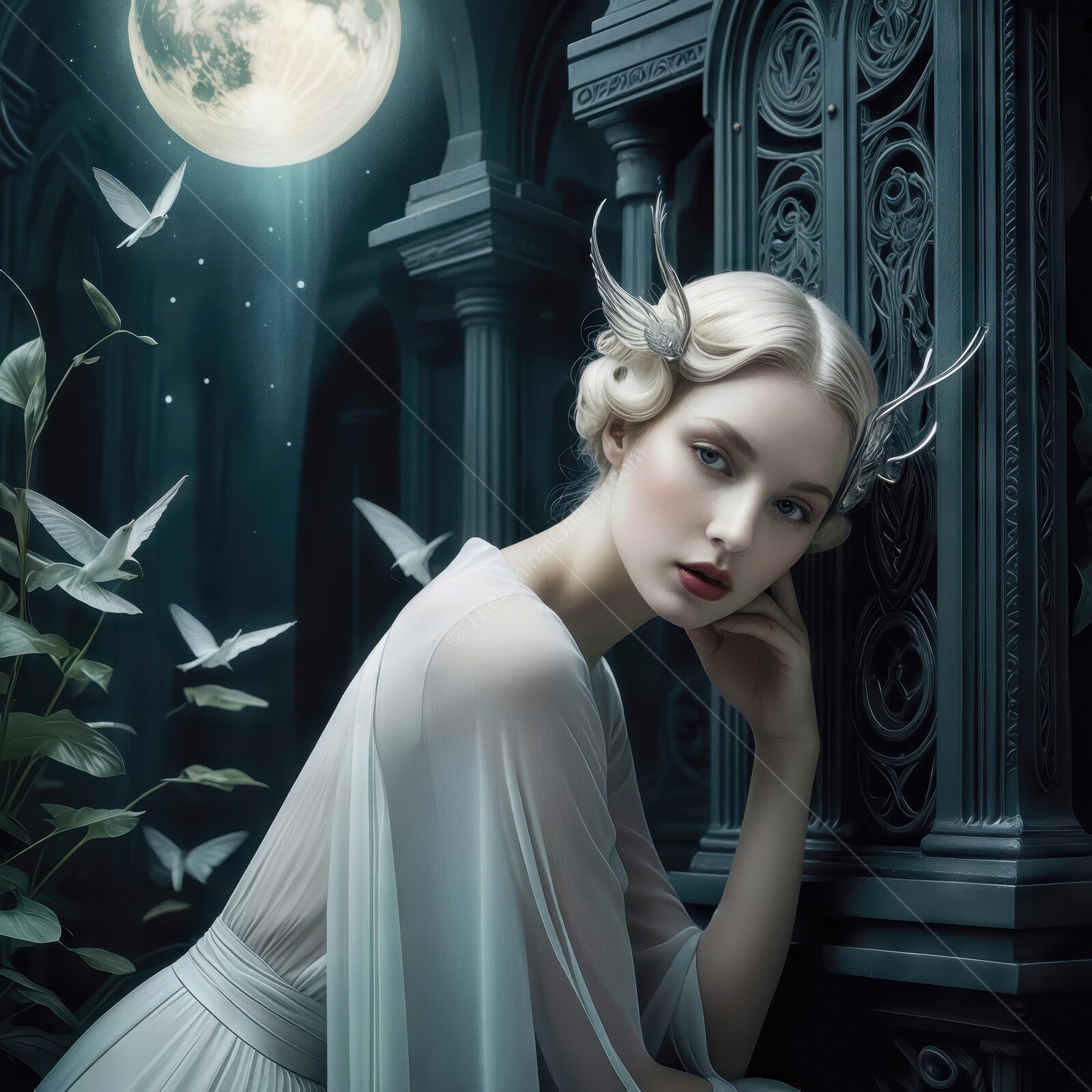 Ethereal mistress ponders under a vibrant moon in a mystical garden of shadows