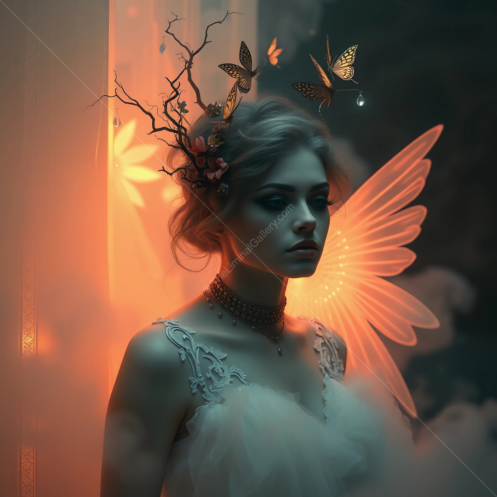 Enchanted evening with ethereal fairy illuminated by fairy lights and delicate butterflies