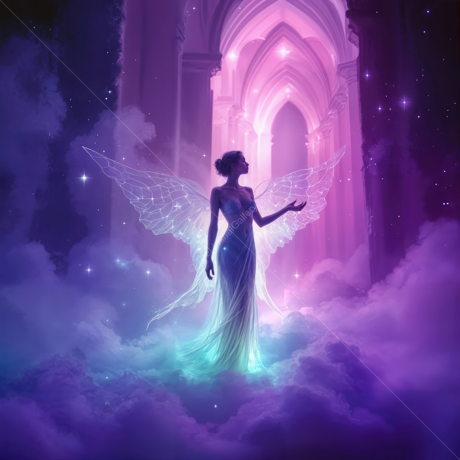 Majestic ethereal being in a dreamy landscape surrounded by mystical light and wispy clouds