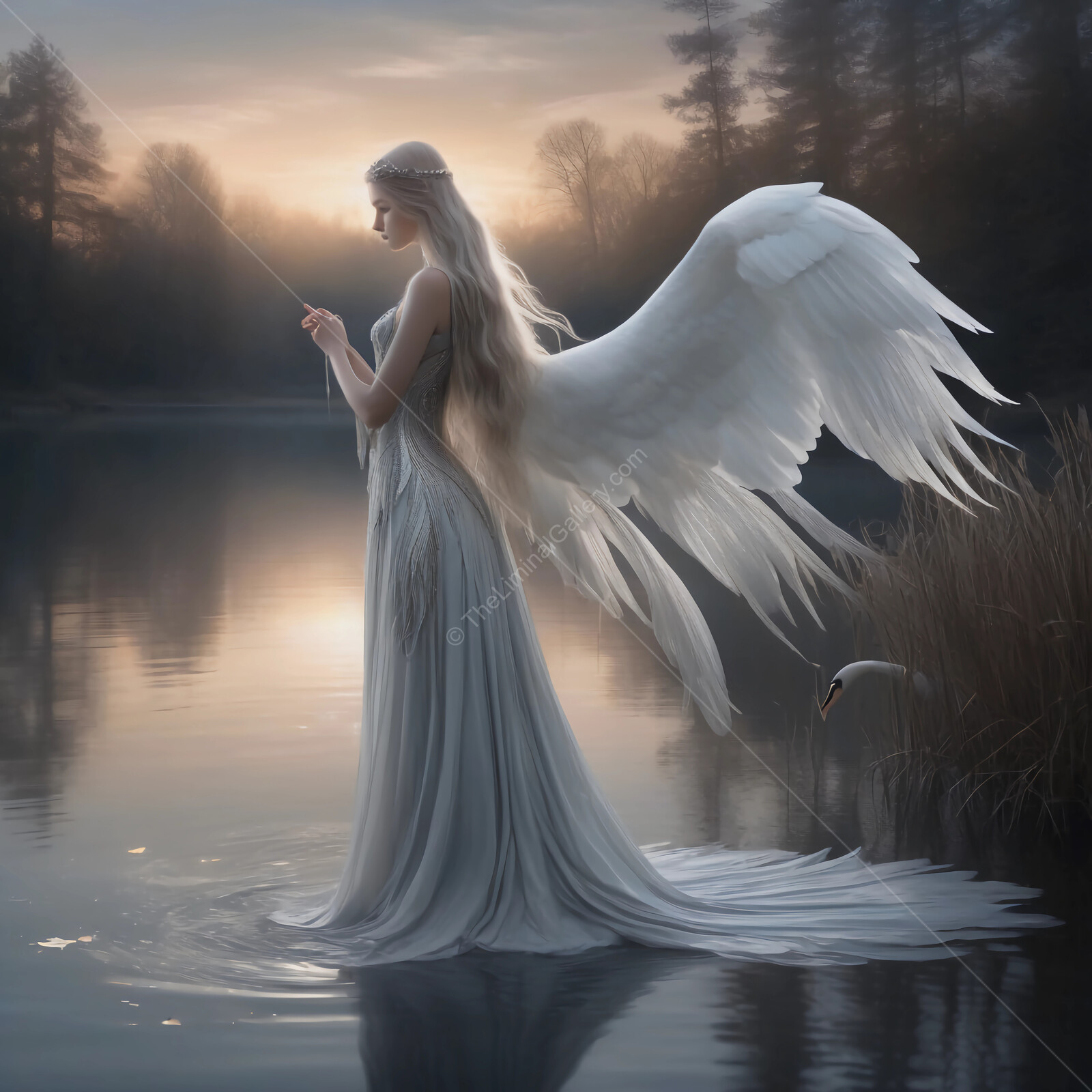 The Swan Maiden stands by tranquil waters under a soft dawn light with delicate wings and flowing gown
