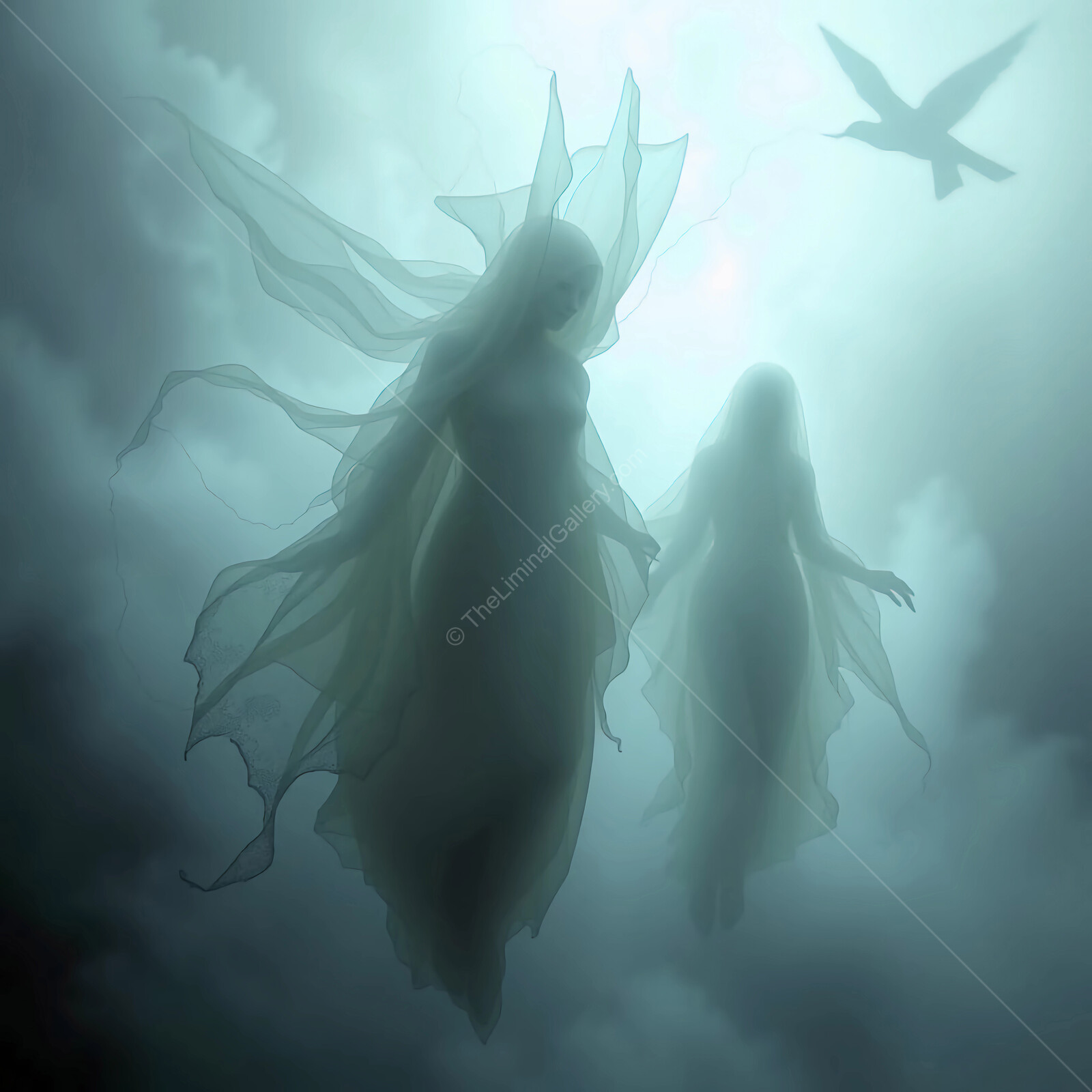 Ethereal figures wander through misty clouds under a wild sky filled with mysterious movement
