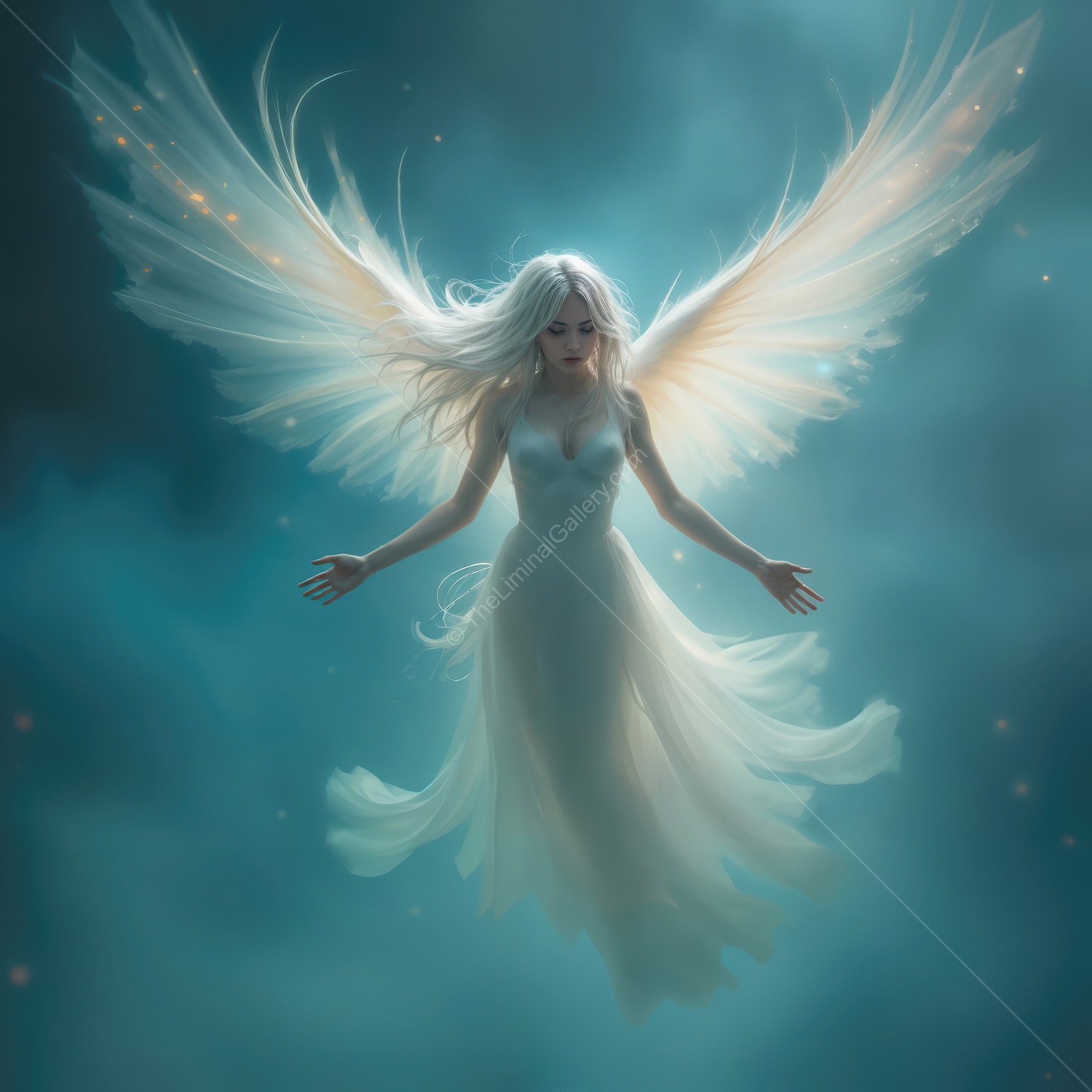 Ethereal guardian emerges from a mystical fog, enveloped in soft light and angelic wings, captivating all who gaze upon her