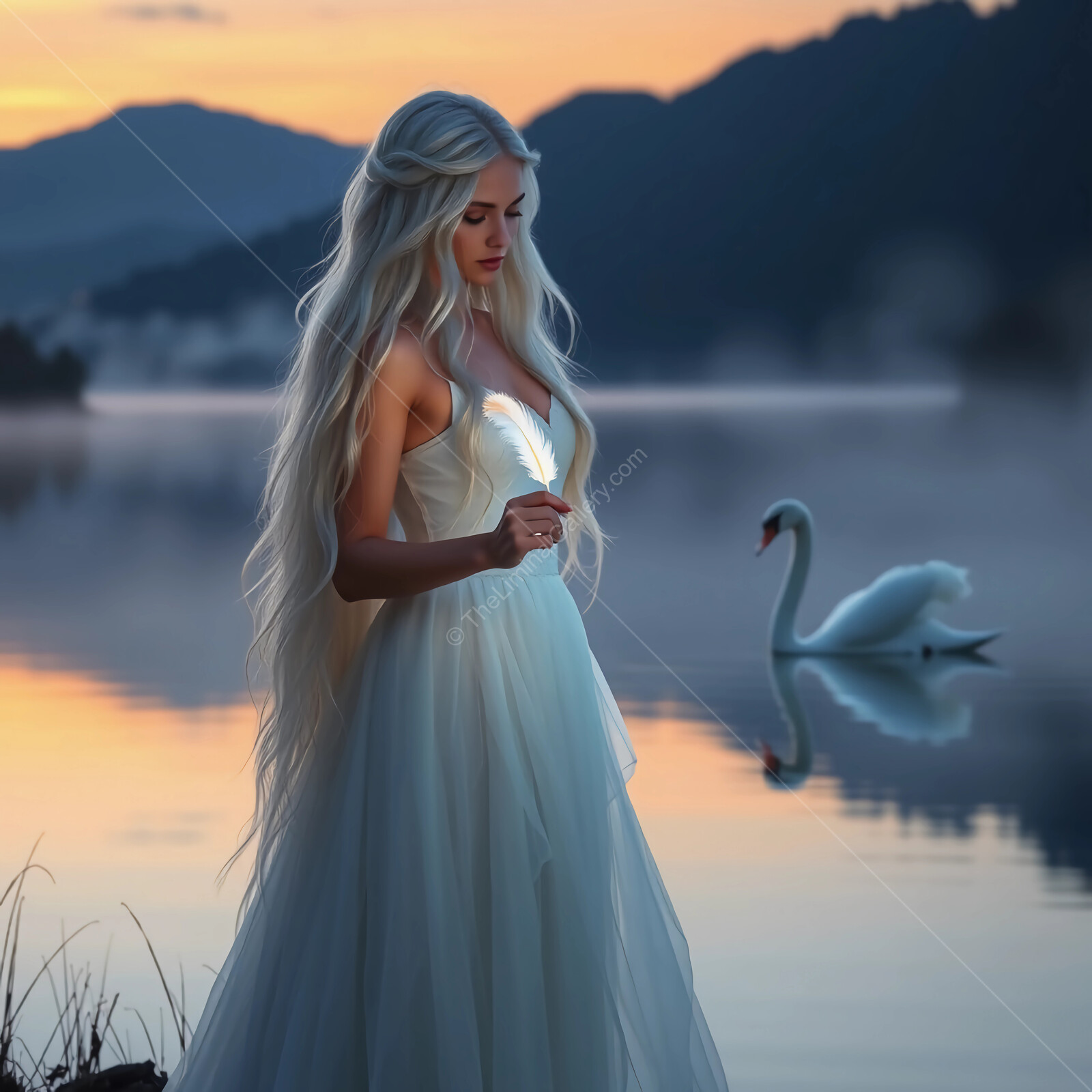 Ethereal princess with flowing hair explores the serene lakeside at twilight with a gentle swan nearby