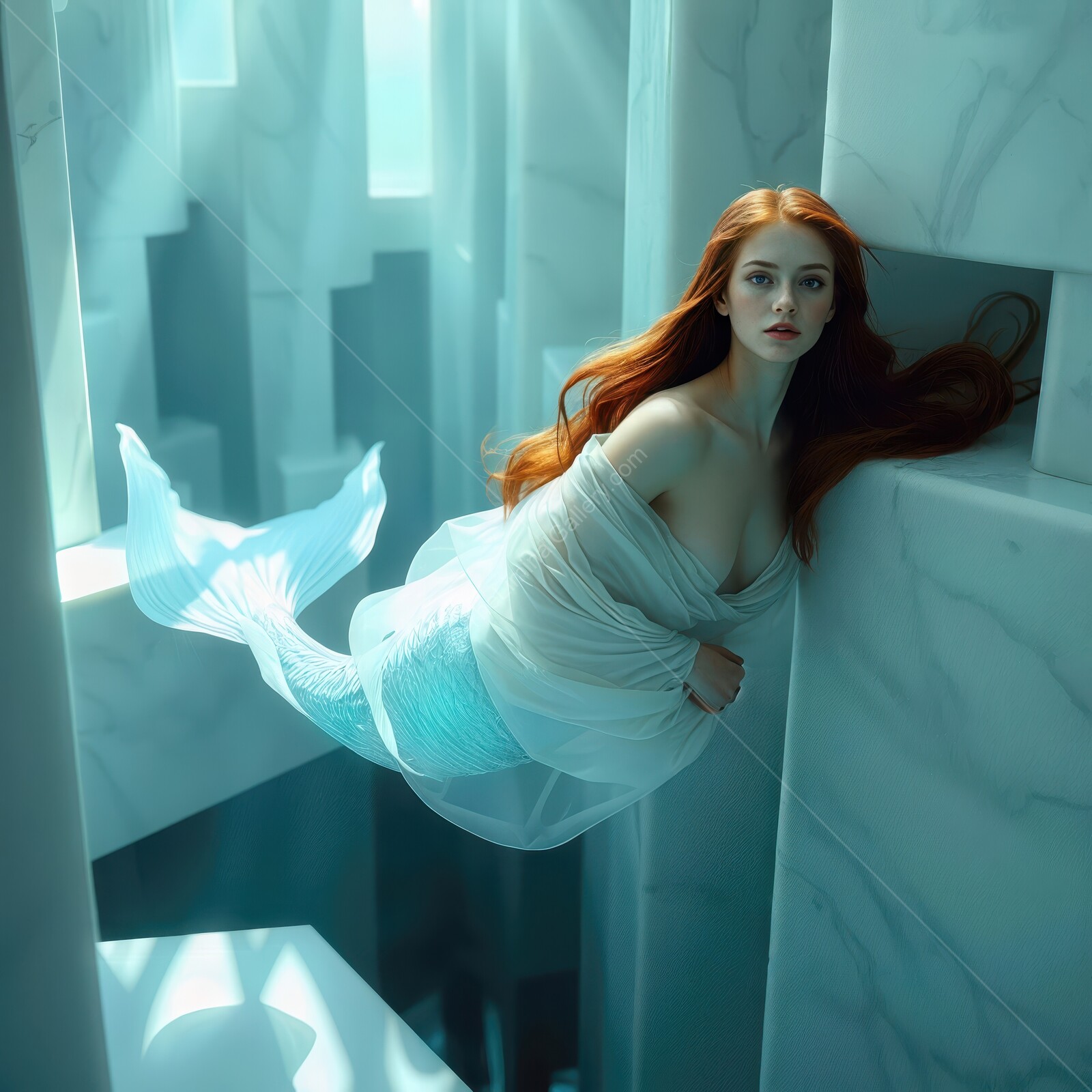 Enigmatic mermaid exploring an ethereal underwater realm filled with light and reflection