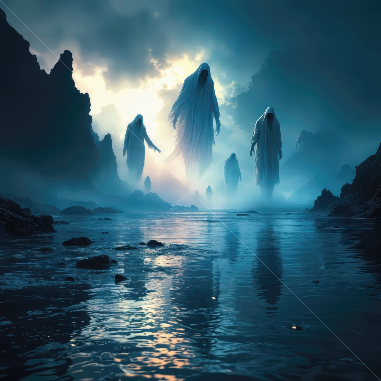 Ethereal figures walk along a misty shoreline under a dramatic sky at dusk