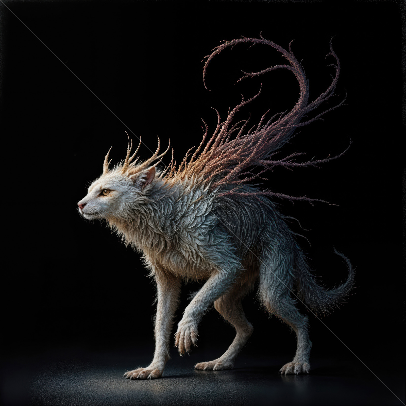 Mystical creature with ethereal fur walks gracefully in a dimly lit space