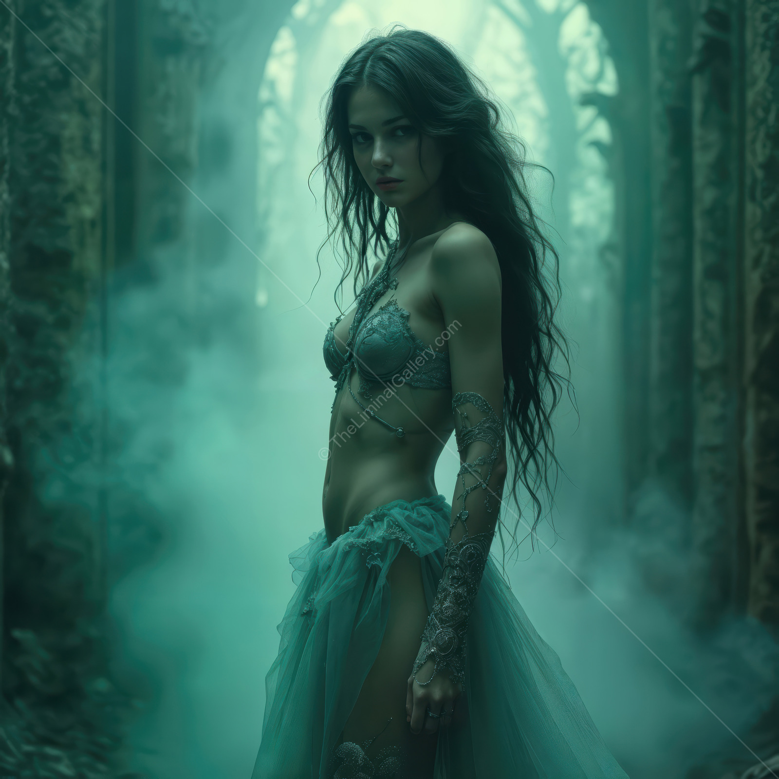 Enchanting woman exotic dancer in a mystical forest setting embodies beauty and mystery at twilight