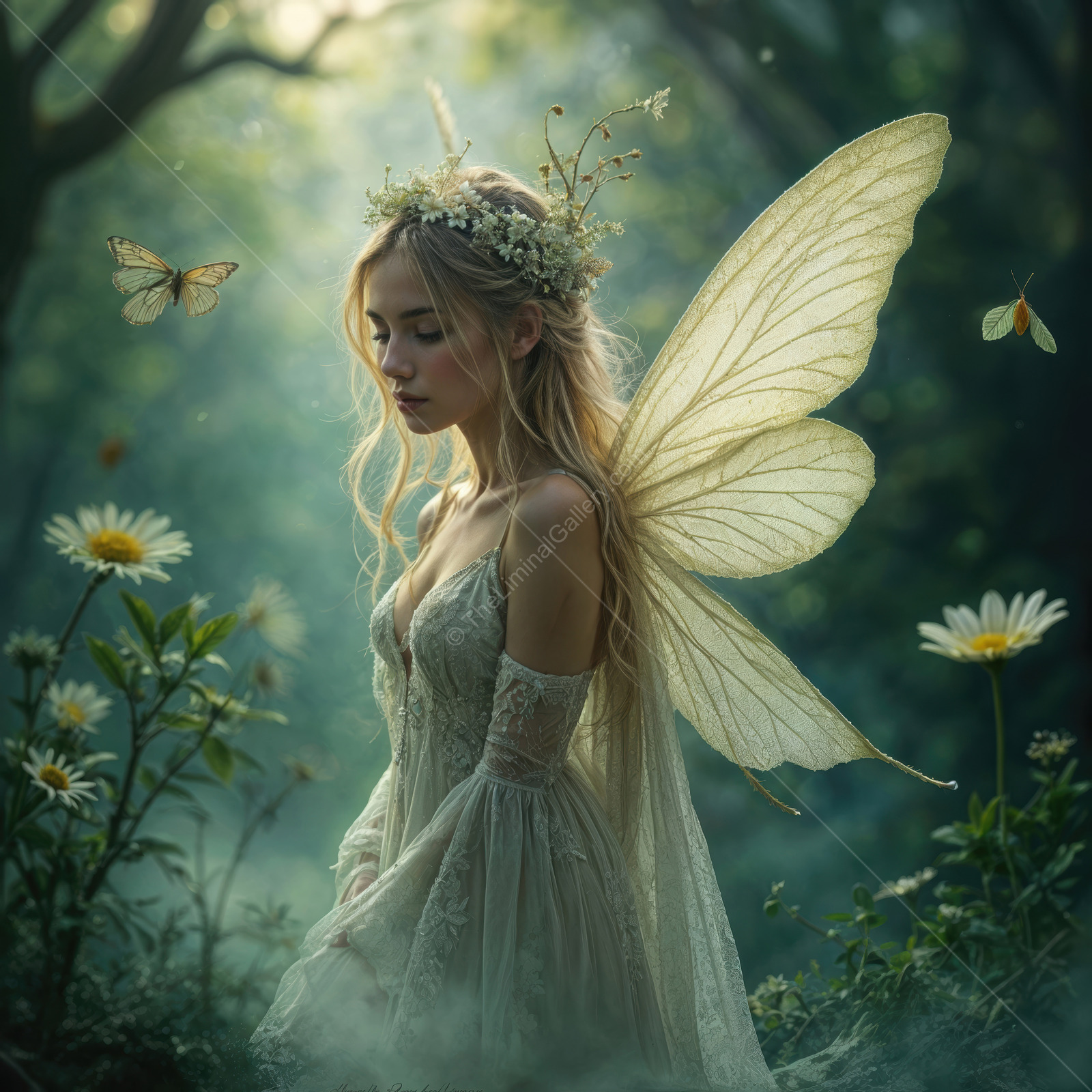 Enchanting fairy in a mystical forest surrounded by flowers and butterflies during a soft, golden hour glow