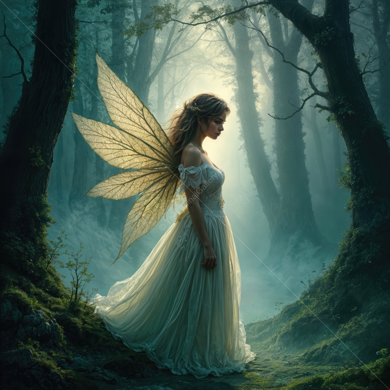 Enchanted forest scene with a fairy in delicate dress and shimmering wings basking in soft, mystical light