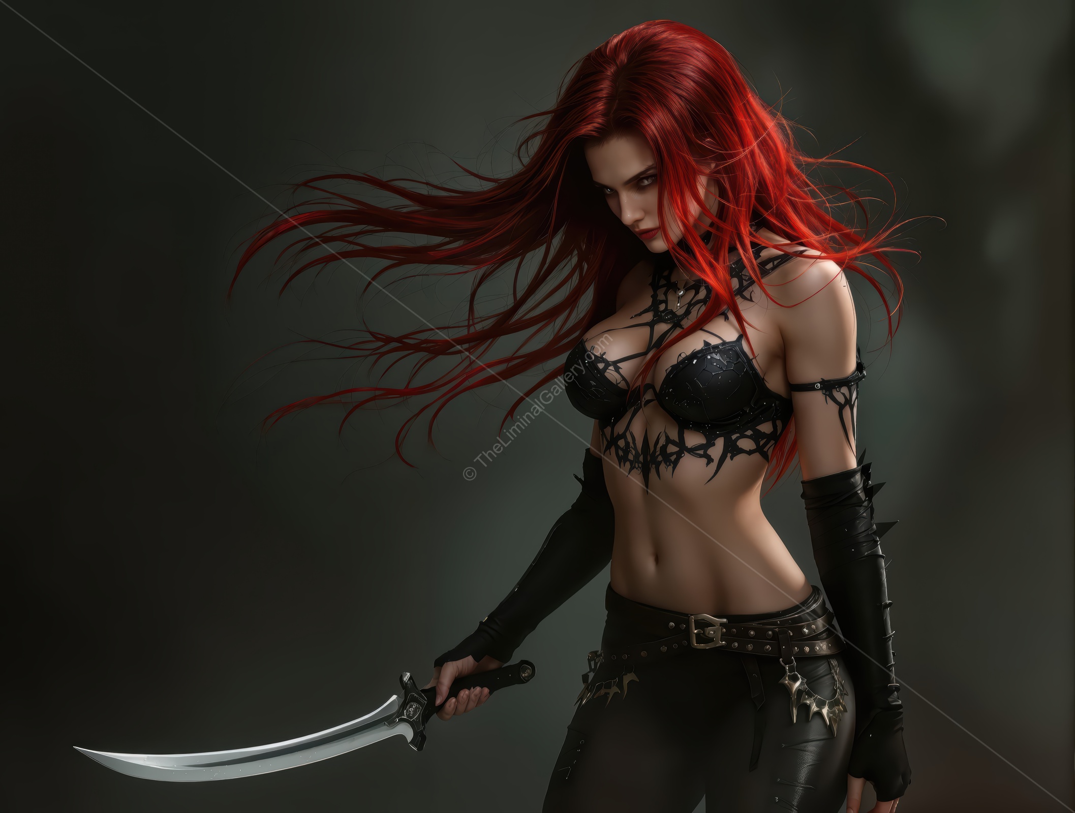 Stunning warrior with fiery red hair in a dark fantasy setting wielding a gleaming sword