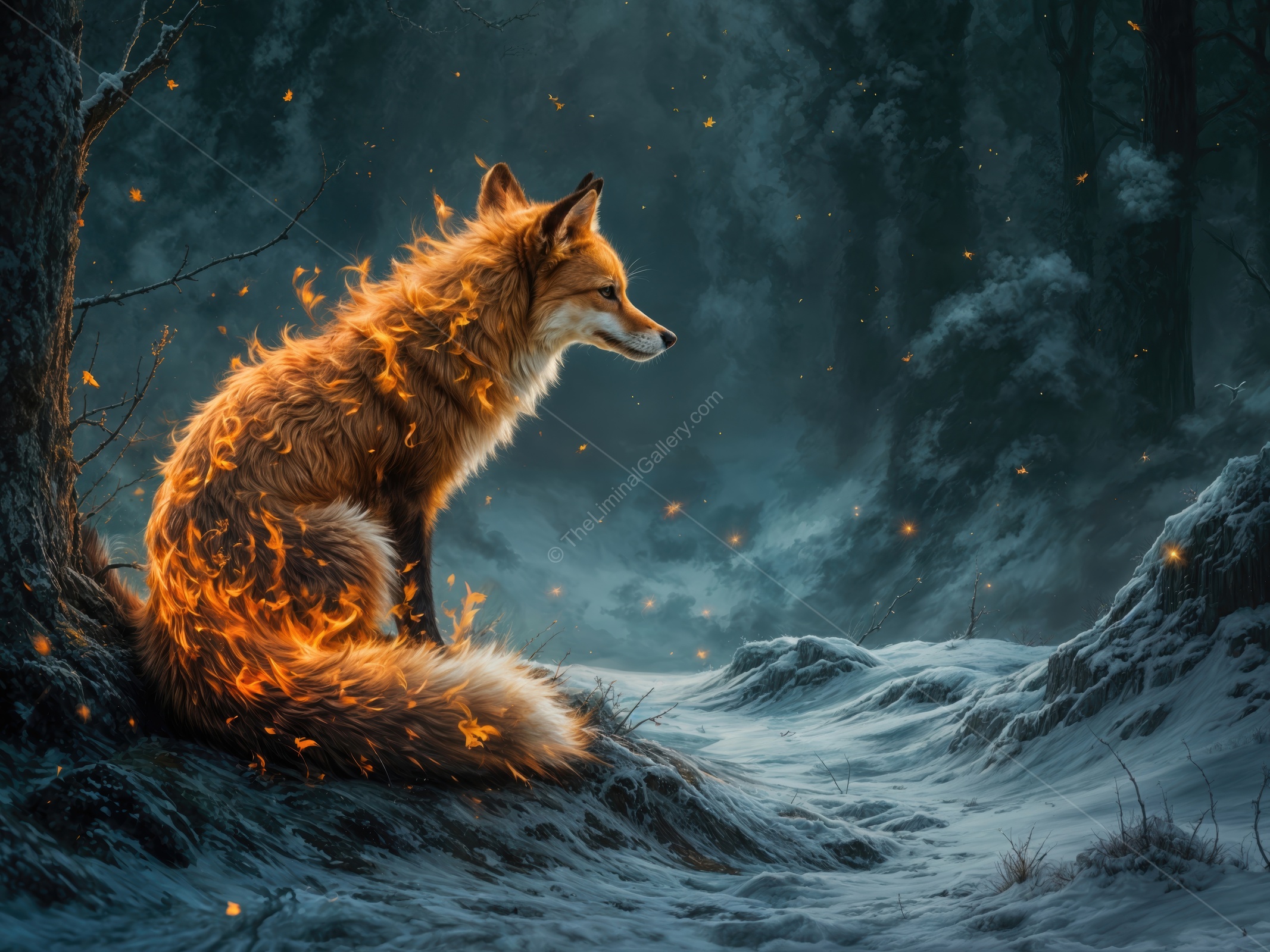 Flame-kissed fox rests in a snowy forest under the glow of twilight in a magical winter scene