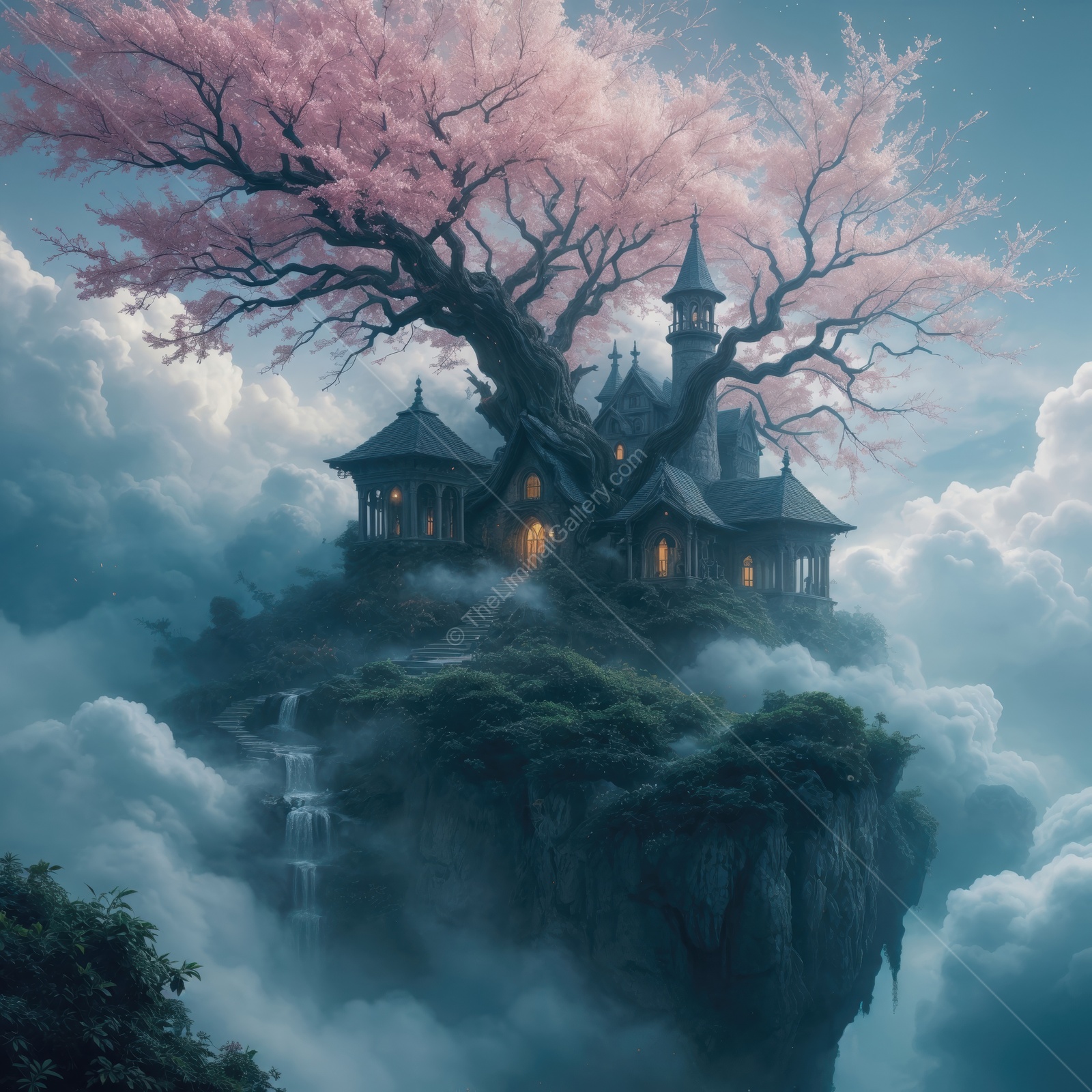 Enchanting floating castle surrounded by cherry blossom trees and misty clouds at twilight
