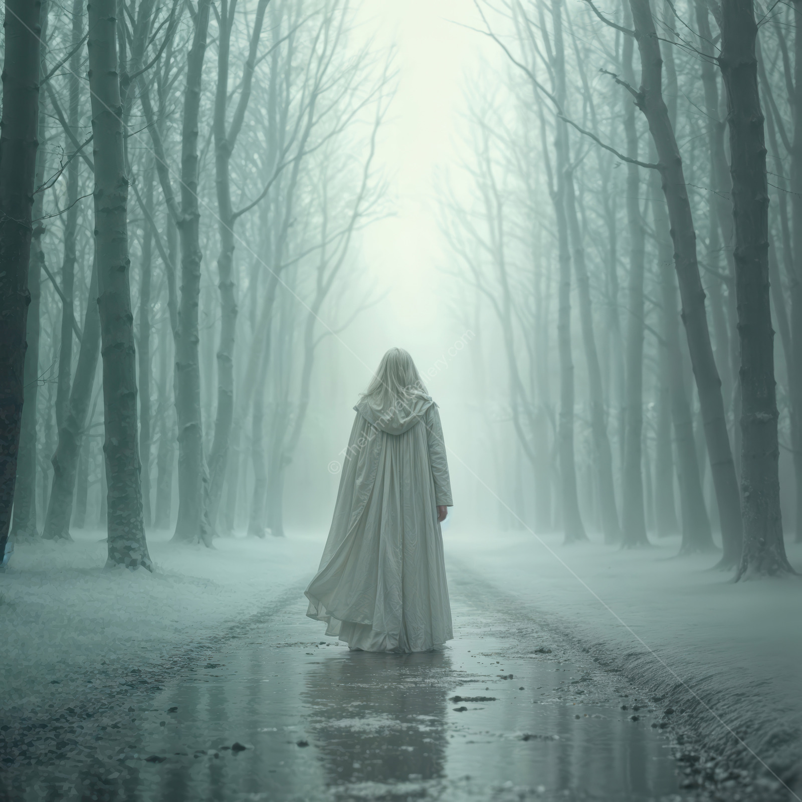 Mysterious figure walks through a foggy forest path enveloped in silence and beauty during a winter morning