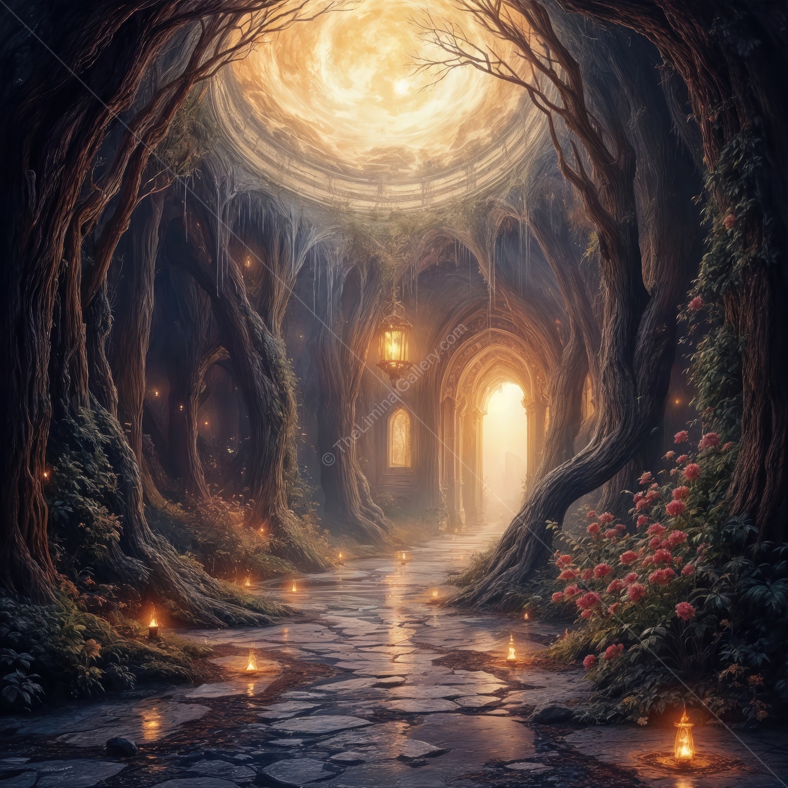 Enchanted forest pathway illuminated by mystical light and lanterns, inviting adventure on a tranquil night