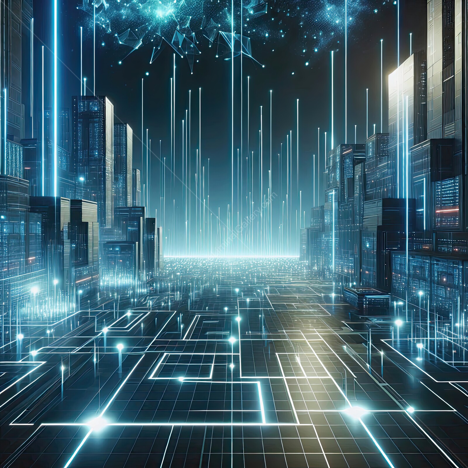Futuristic cityscape illuminated by digital streams and glowing lines at dusk in a high-tech utopia