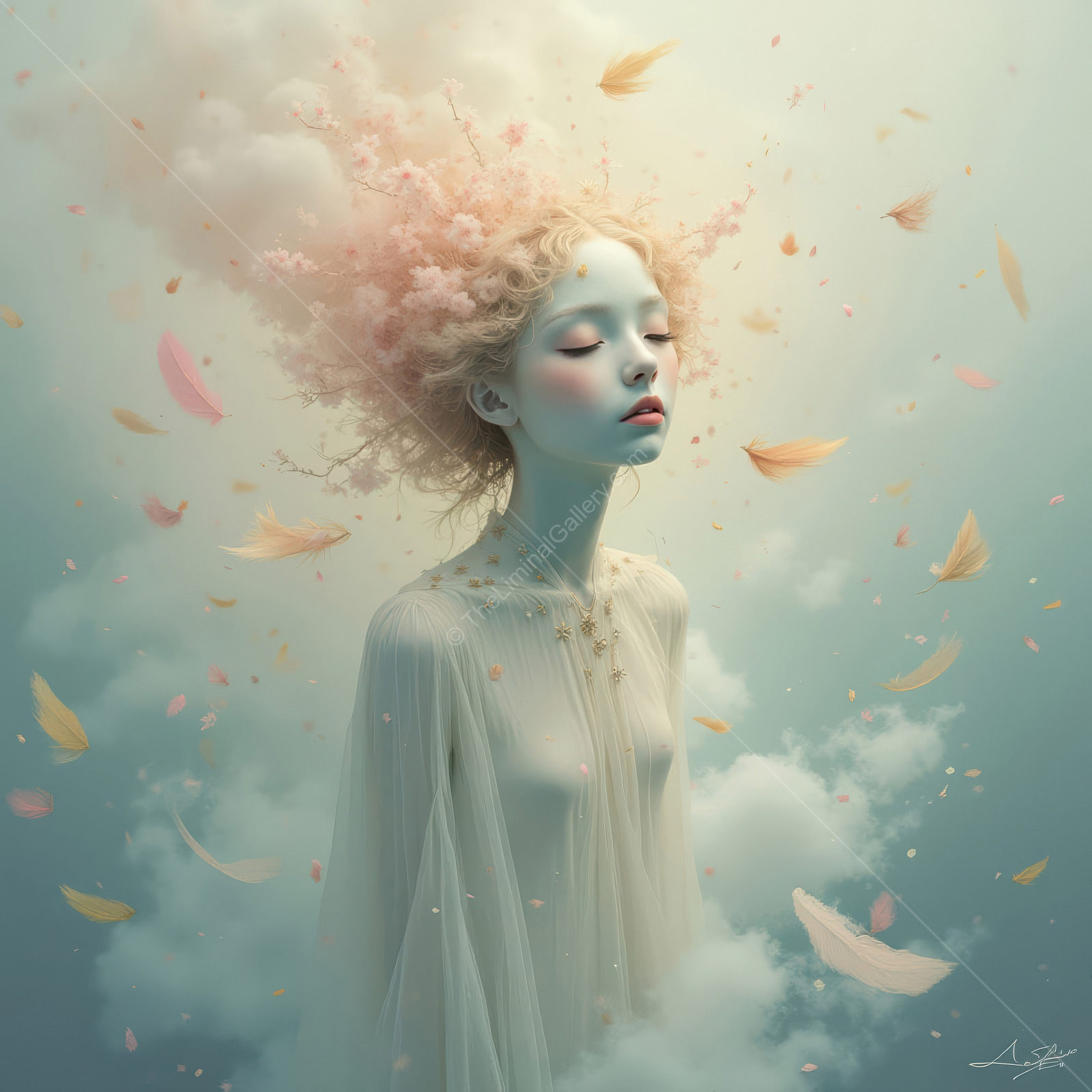 Goddess in a fantasy world of soft clouds and floating petals exploring the boundaries of imagination and reality in a serene and mystical atmosphere