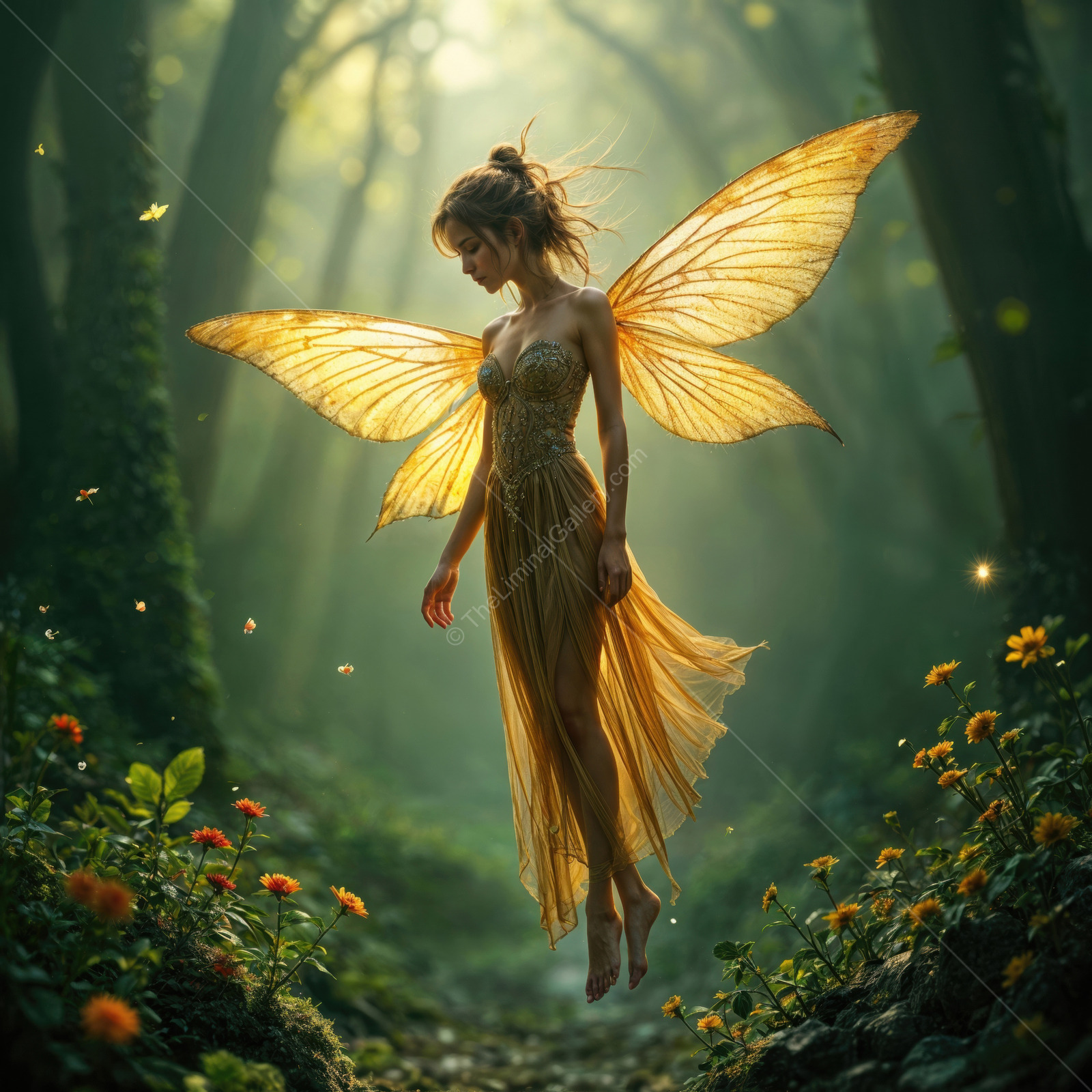 Enchanted forest fairy gracefully hovers among vibrant flowers in golden sunlight