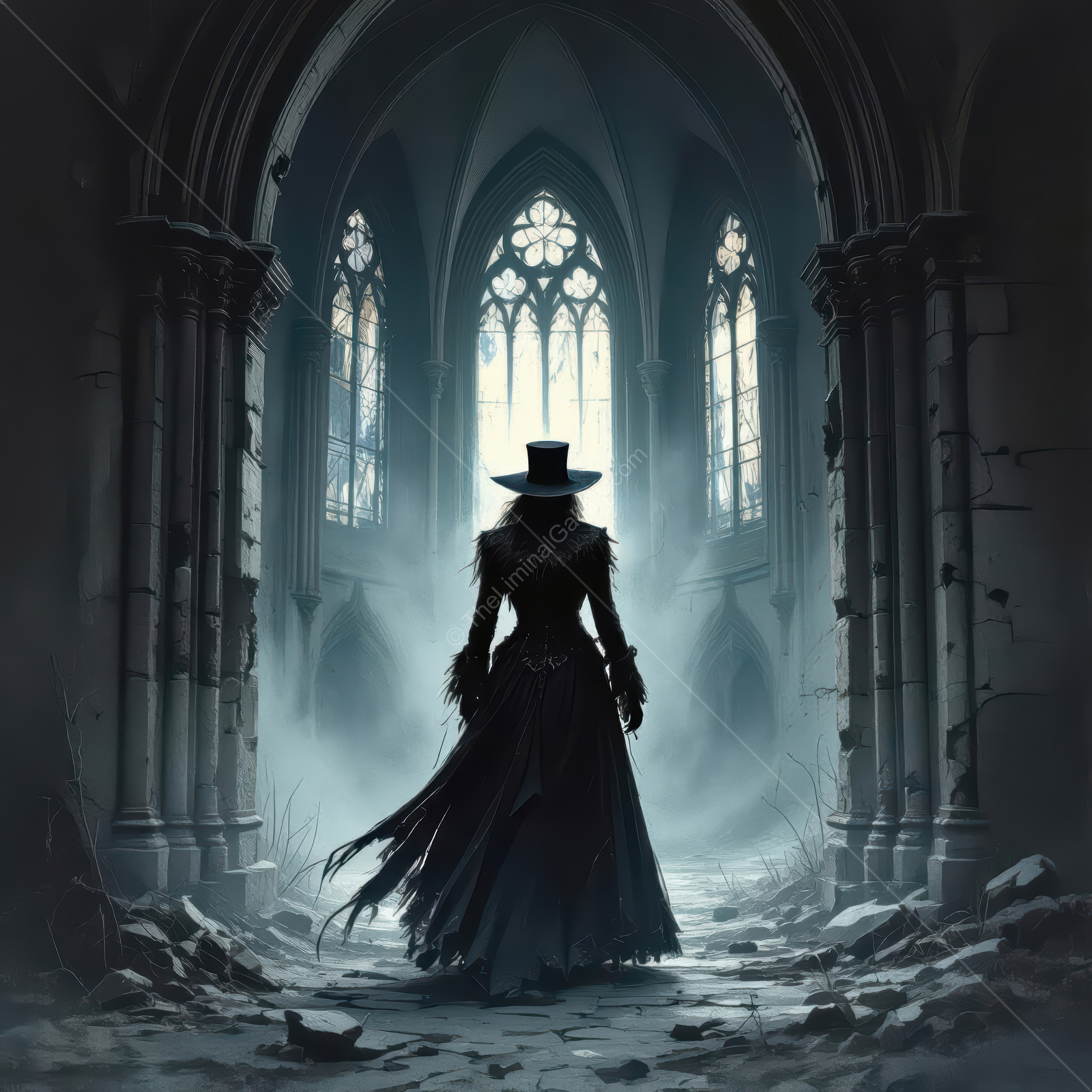 Mysterious figure cloaked in shadows explores an abandoned Gothic cathedral at twilight