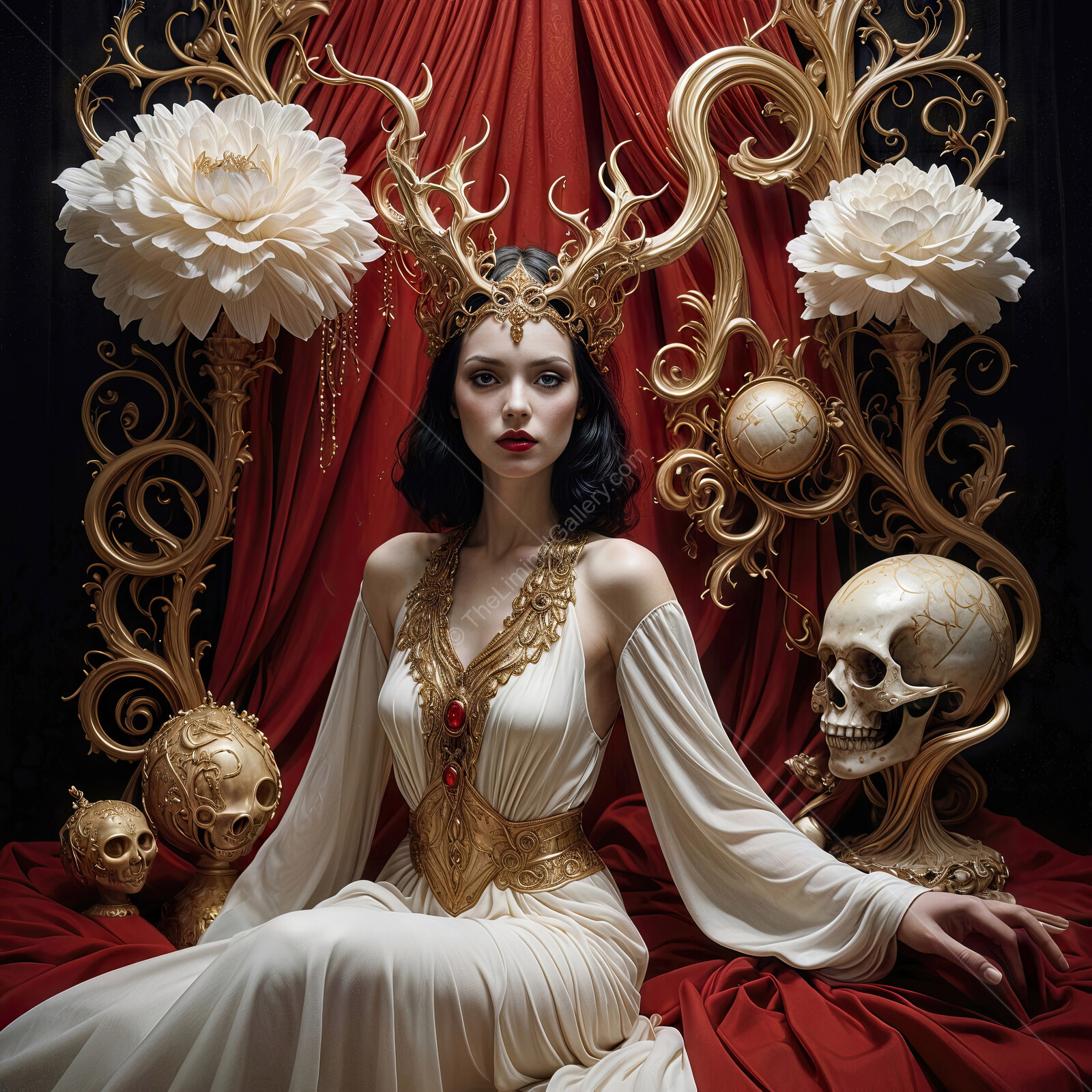 Gothic elegance unfolds in a hauntingly beautiful portrait of a regal figure amid lavish decor and symbolism