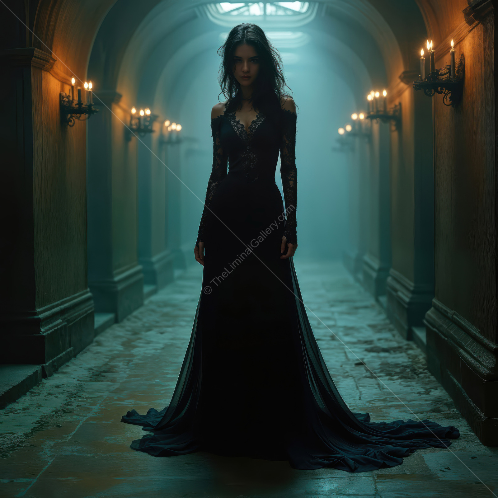 Gothic princess in dark fantasy explores a mystical liminal space filled with candlelight and shadows