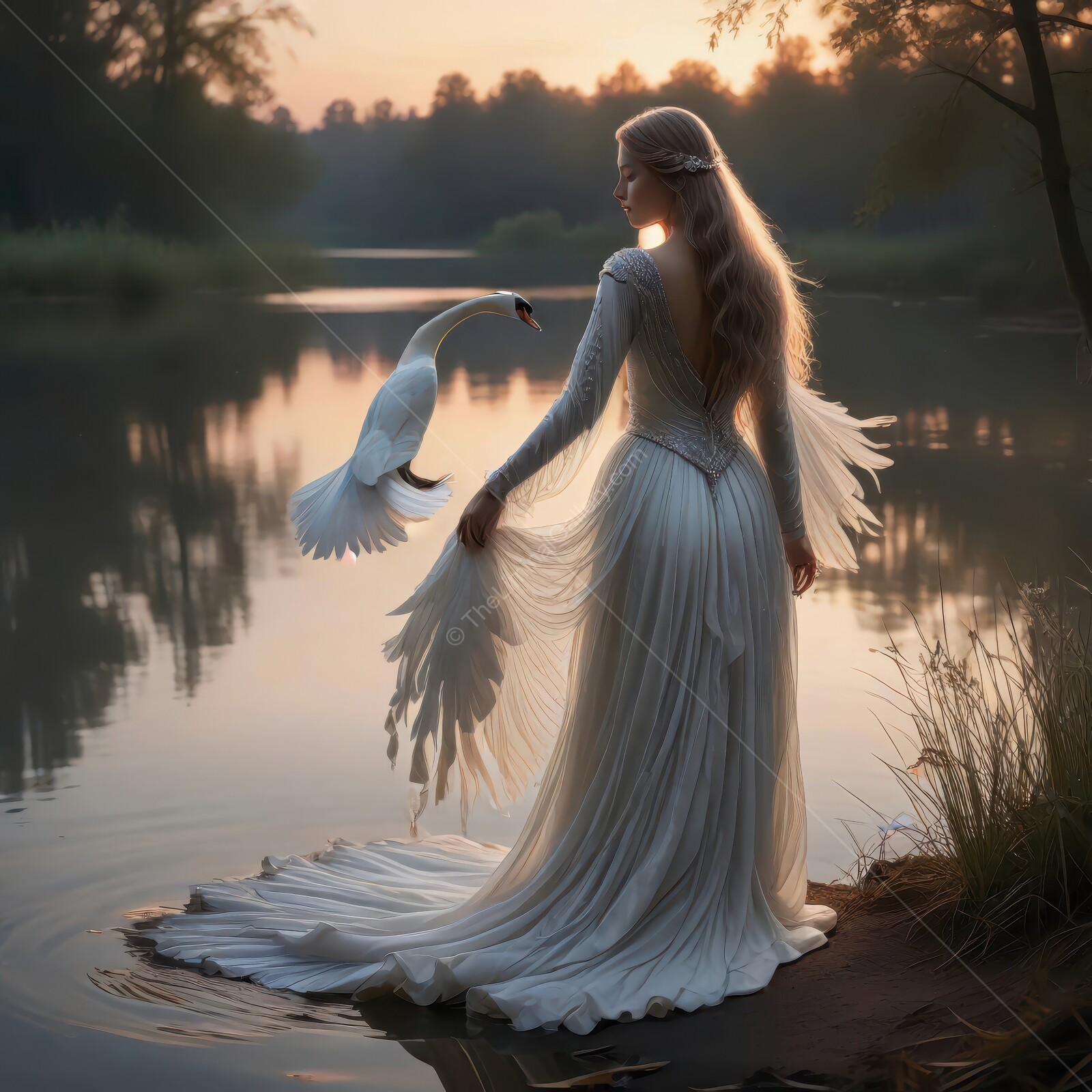 Graceful encounter by the tranquil waters at dusk with a swan and the Swan Maiden