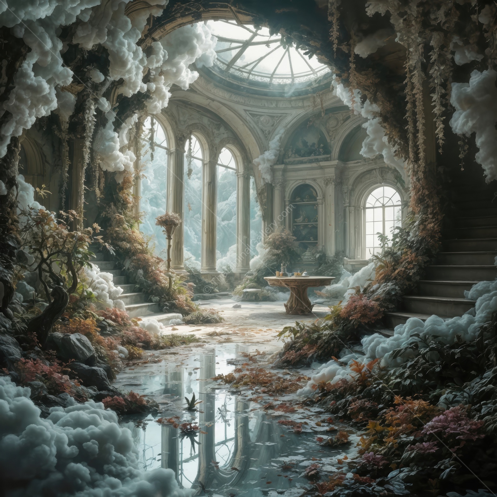 Old grand hall overtaken by nature with lush greenery and mystical clouds in tranquil light