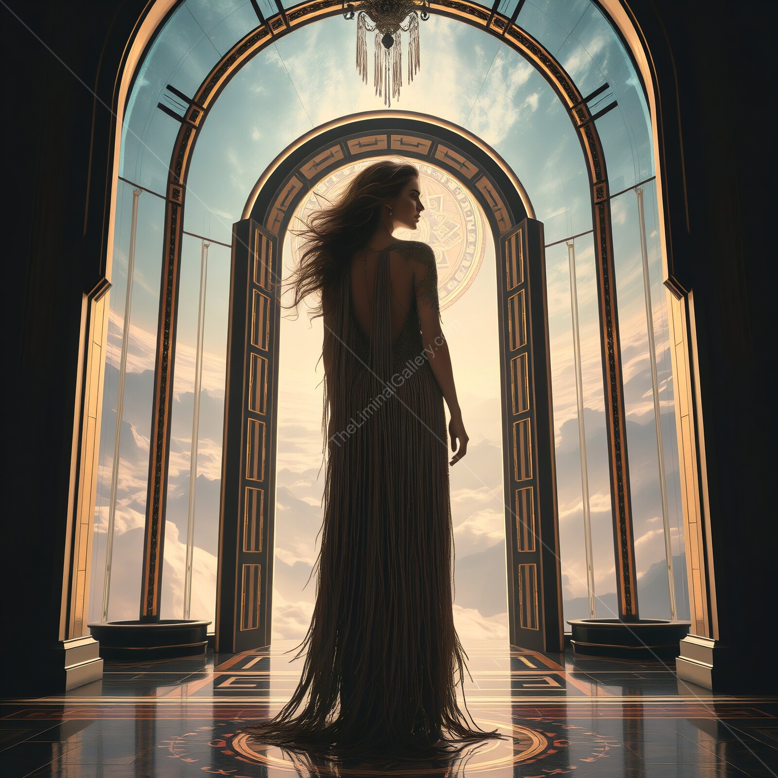 Elegant deco woman stands in an ornate doorway revealing a breathtaking sky at dusk