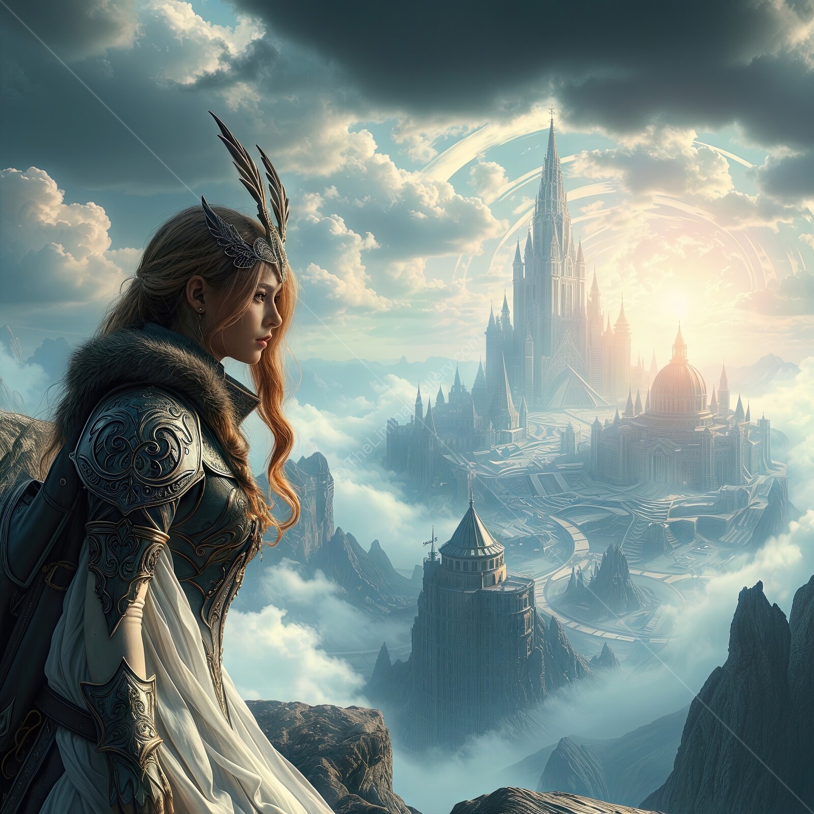Majestic female warrior gazes over a fantastical realm at dawn, embodying grace and strength in her ethereal armor