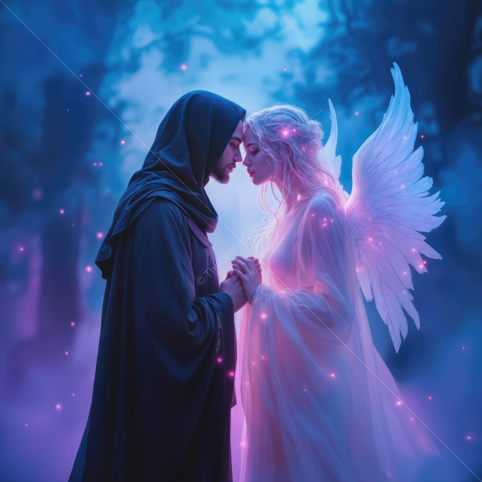 Mystical encounter between a hooded figure and a celestial being in an enchanted forest at twilight