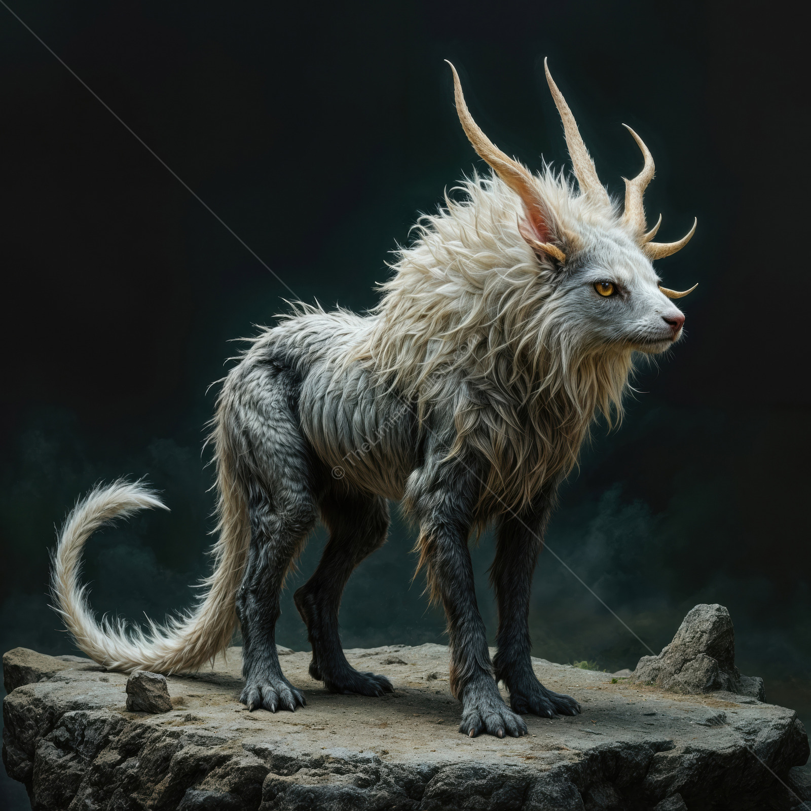 Mysterious creature with long fur and horns stands on rocky platform in dark, mystical setting