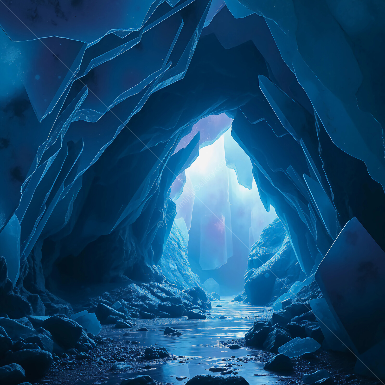 Exploration of an enchanting ice cave illuminated by ethereal light in a remote frozen landscape