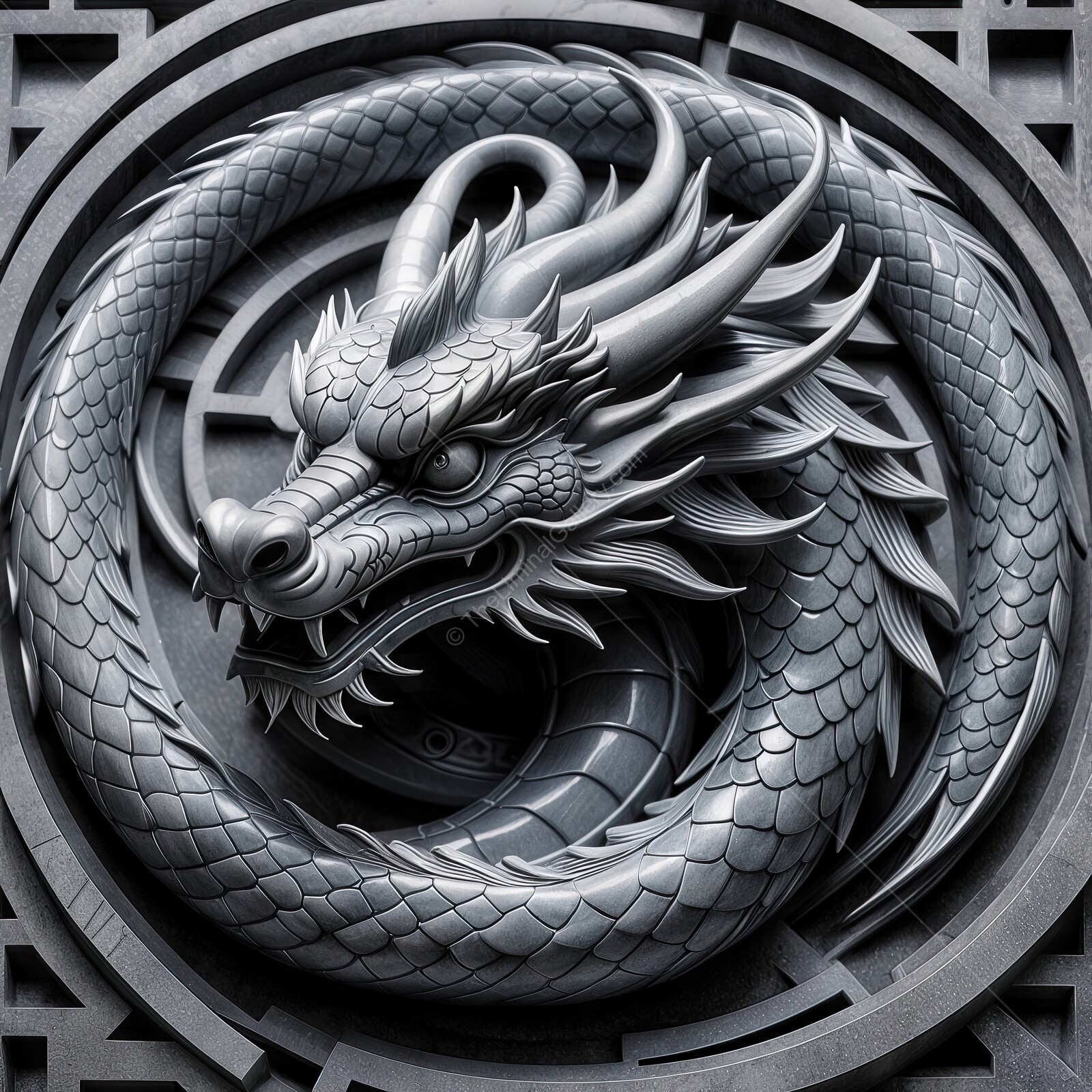 Intricate dragon sculpture surrounded by ornate patterns showcasing artistic mastery in stone