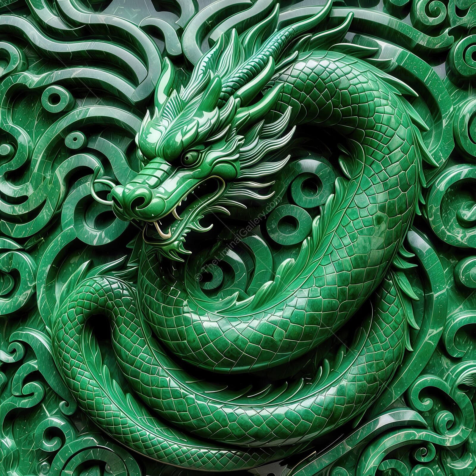 Intricate green dragon carving celebrating cultural heritage and artistic skill in a vibrant display