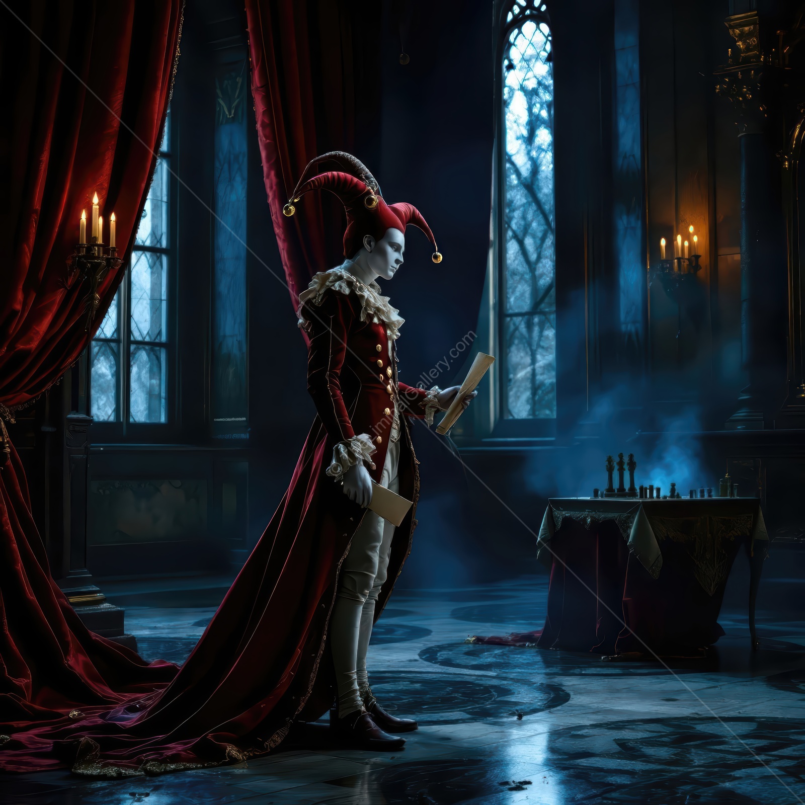Intriguing figure in costume studies chess in a dimly lit, dramatic room filled with rich colors and textures