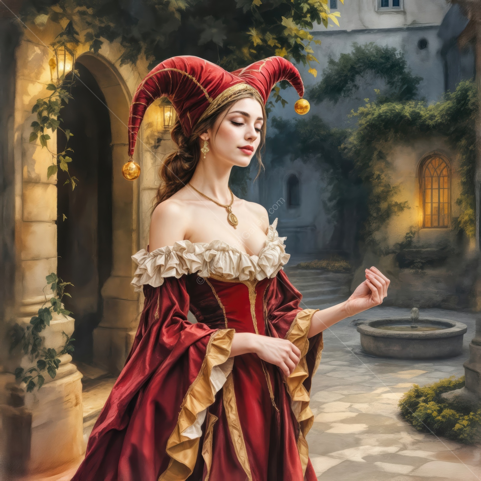 Enchanting jester in a medieval courtyard wearing a vibrant costume during a serene evening