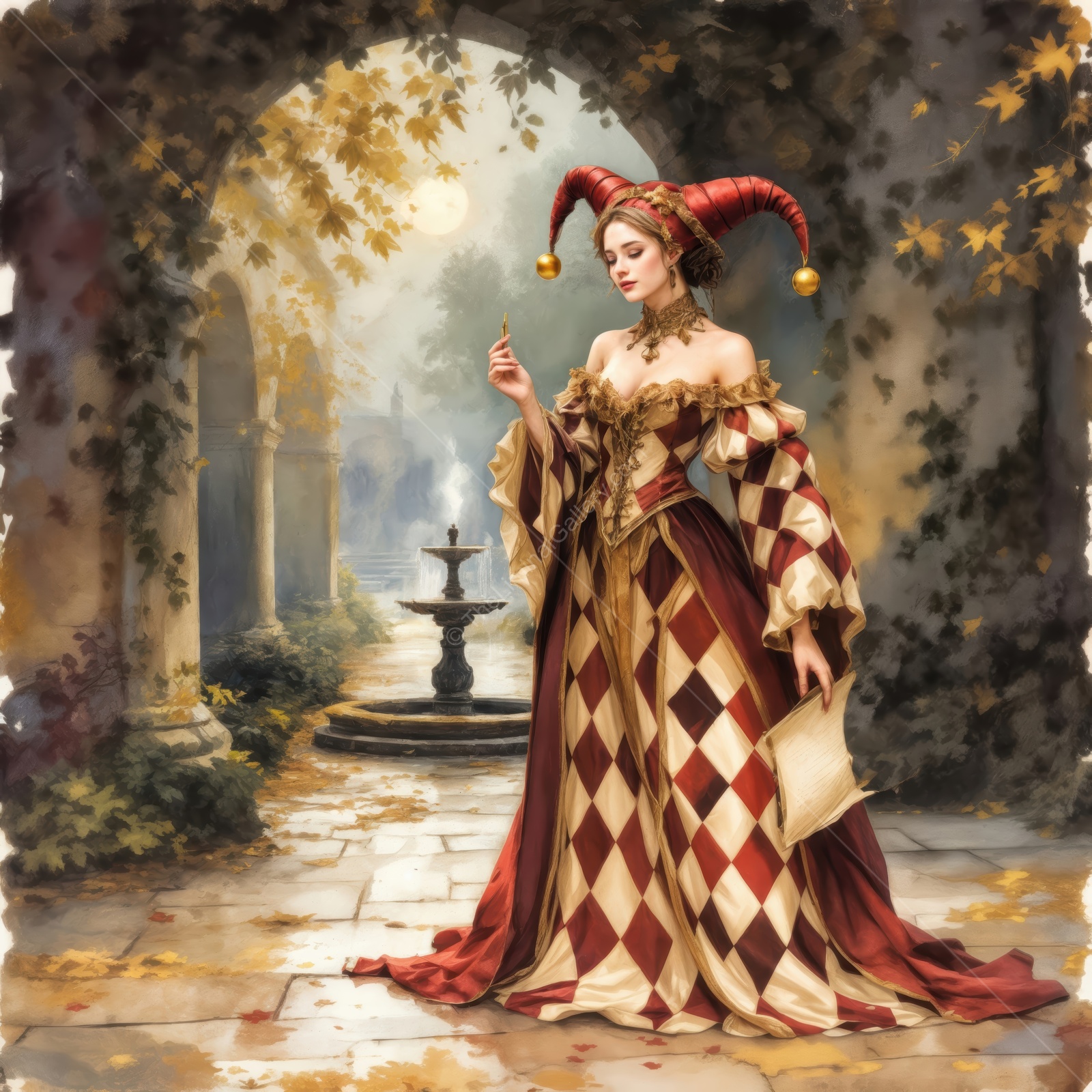 Elegant jester stands in a misty garden adorned with colorful leaves under a soft moonlight