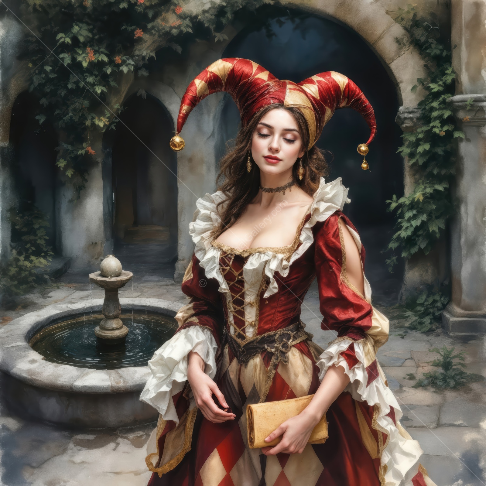 Elegant jester in a red and gold costume poses by a tranquil fountain in a historic courtyard at dusk