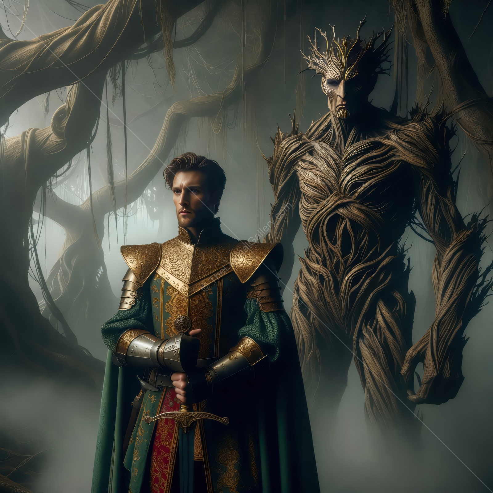 Mysterious encounter between a brave knight and an ancient tree guardian in an enchanted forest at twilight