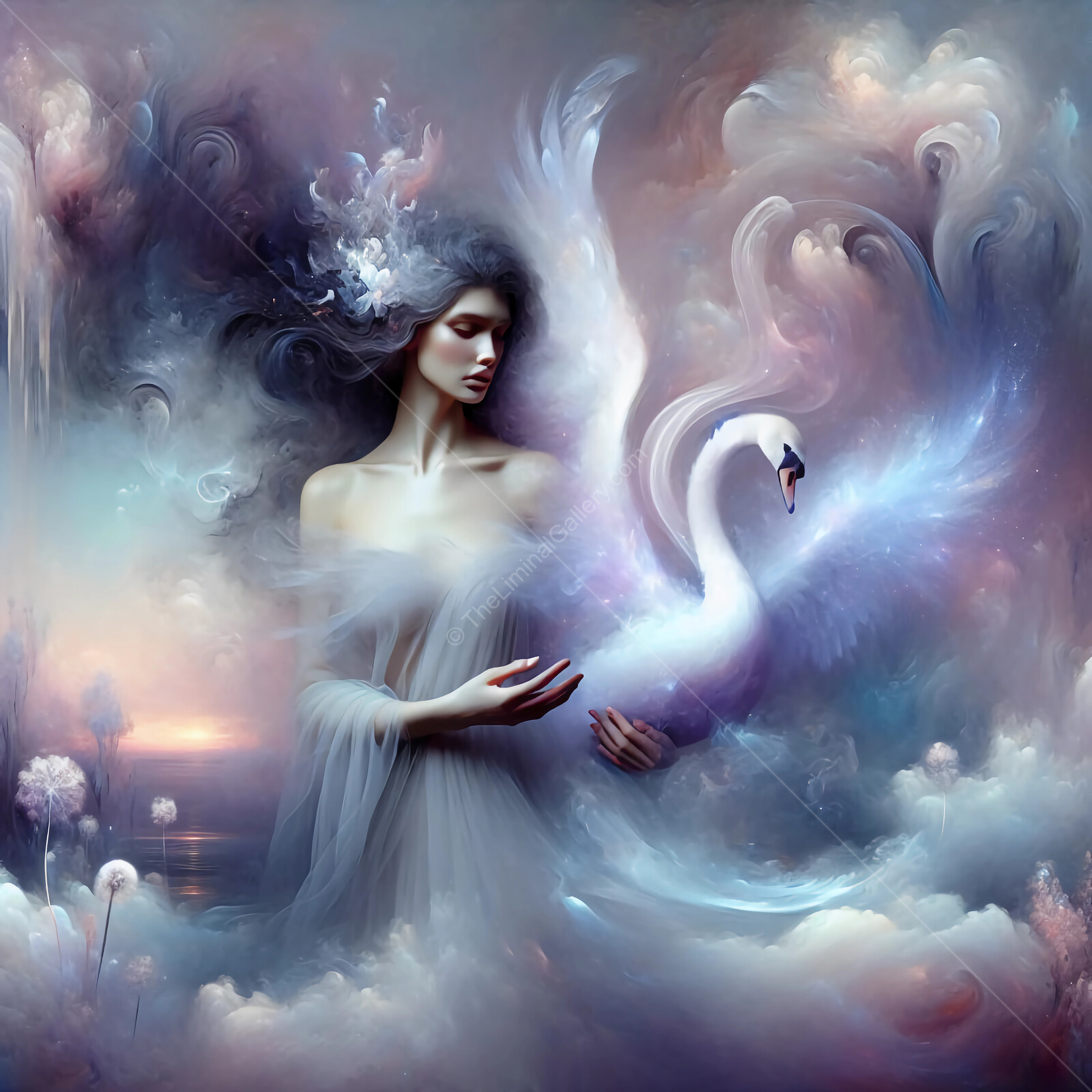 Ethereal harmony between the graceful swan and the serene figure in a mystical landscape