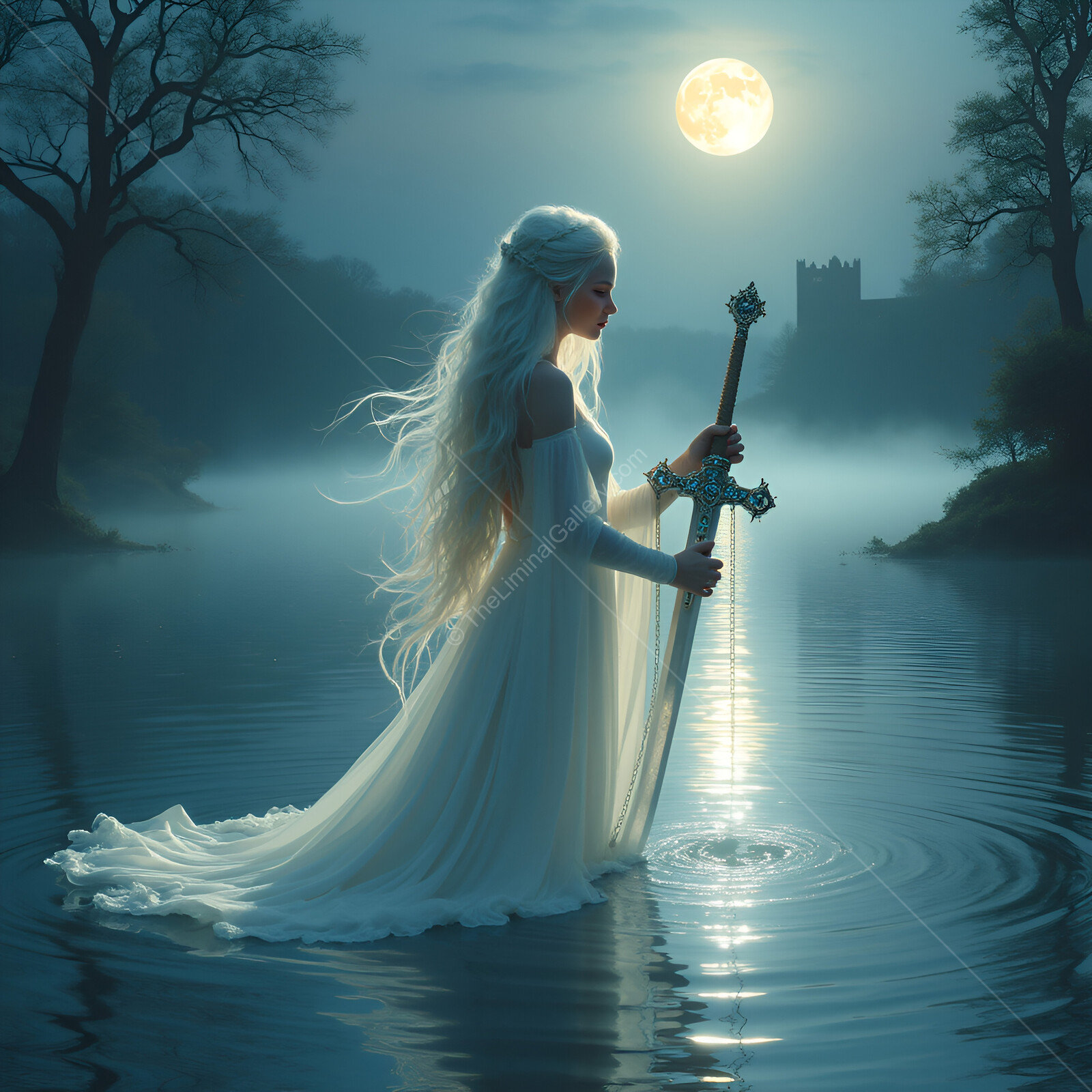 Enchanted Lady of the Lake stands in tranquil waters under the full moon's glow at midnight in a magical forest