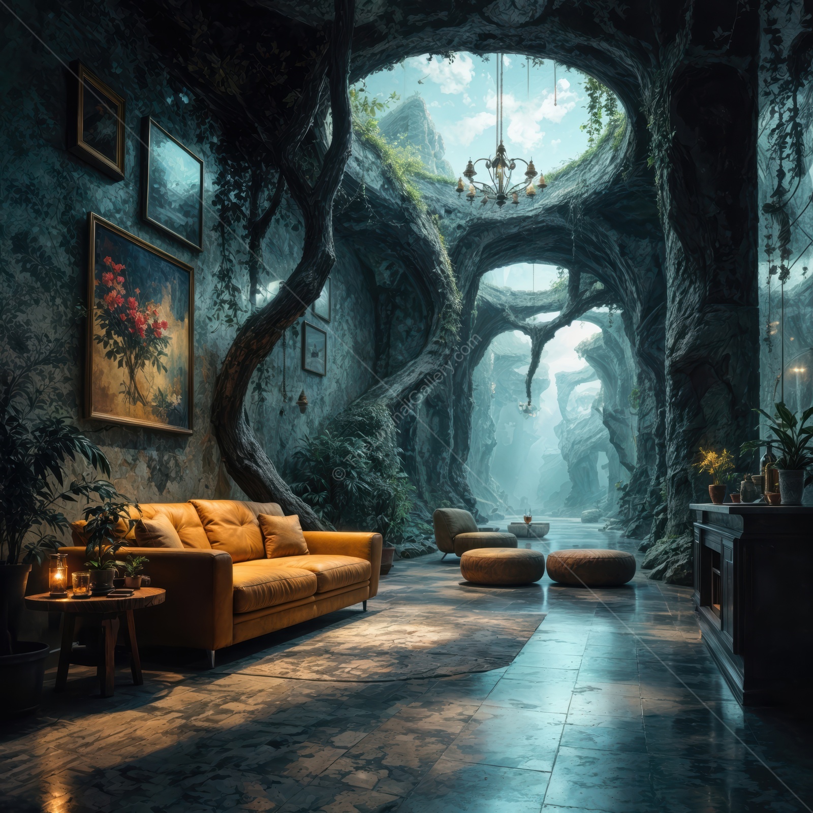 Enchanting living space transformed by nature with twisting trees and soft light creating a magical atmosphere