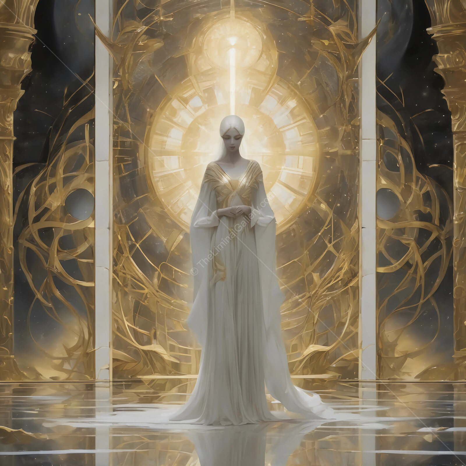 Ethereal woman stands in a luminous hall surrounded by intricate golden patterns under a celestial glow