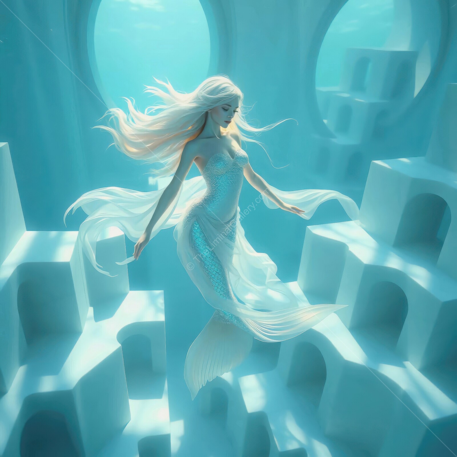 Mermaid gracefully exploring an underwater liminal kingdom filled with luminous structures