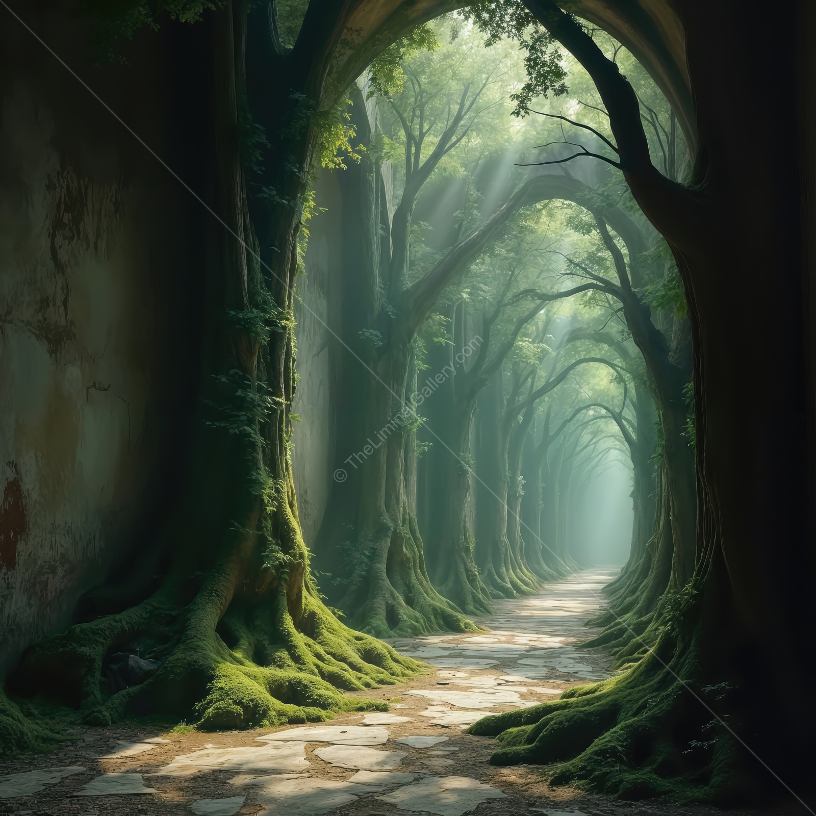 Mystical pathway through a lush forest, light filtering through ancient trees in early morning serenity