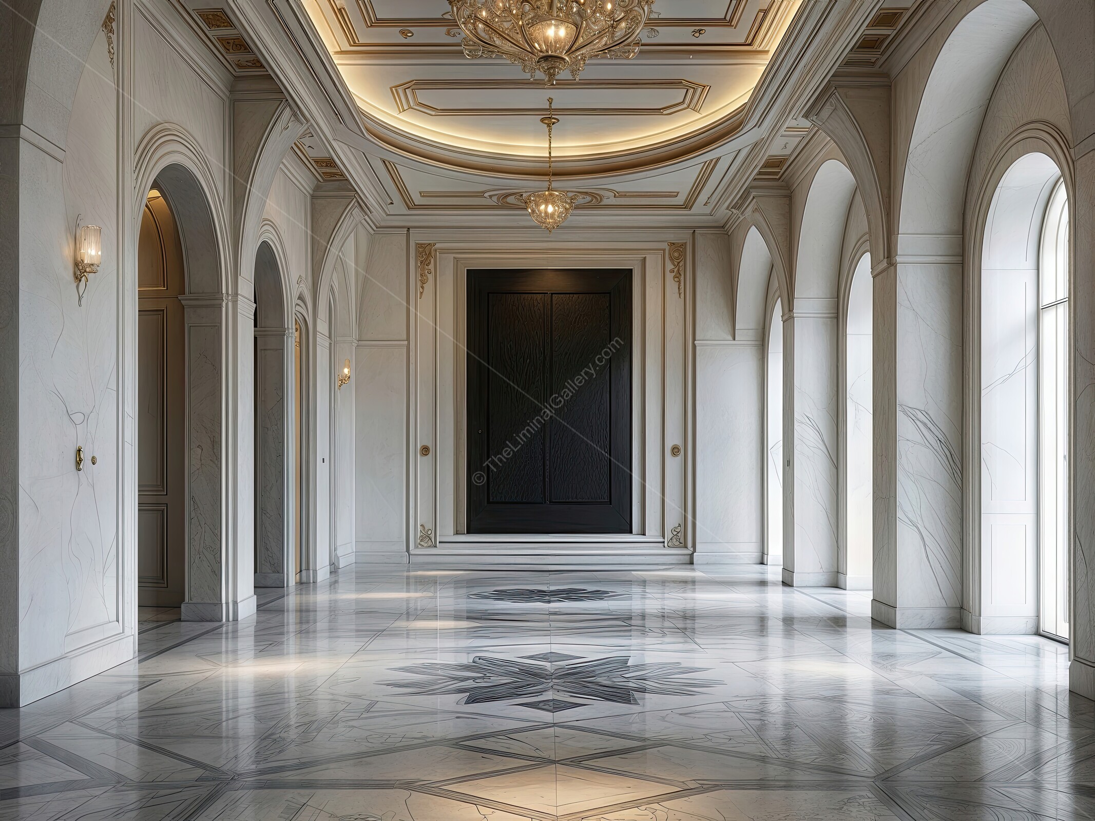 Elegant hallway with arches and intricate marble flooring in a luxurious building