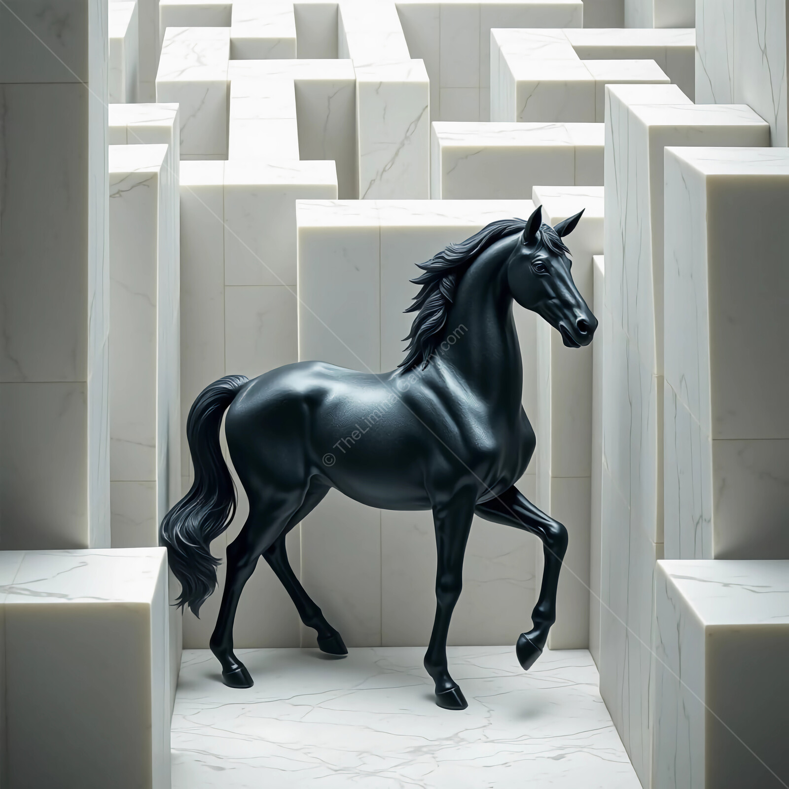 Majestic black horse navigating a contemporary marble maze in a surreal environment