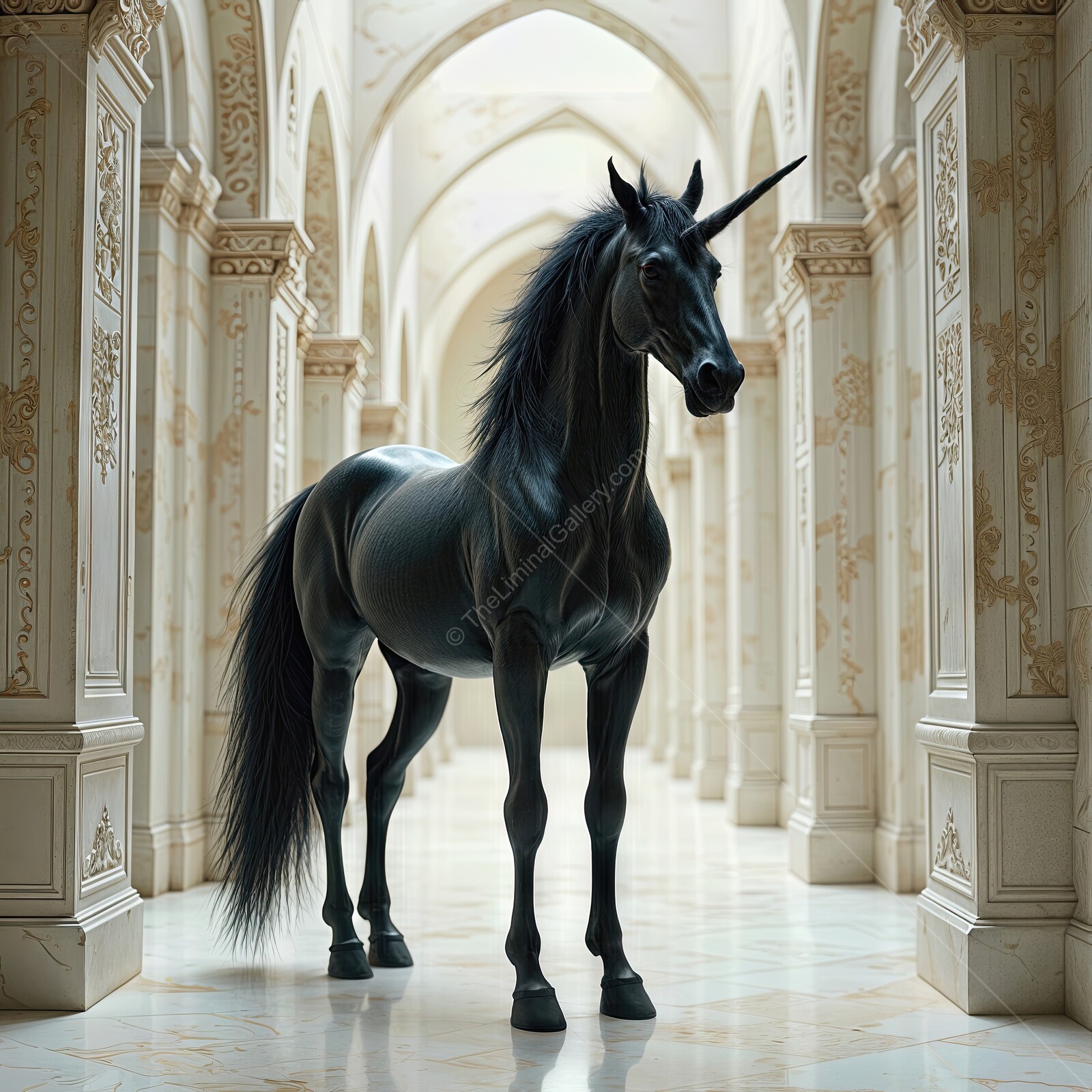 Majestic black unicorn standing gracefully in a grand, marble-columned hall