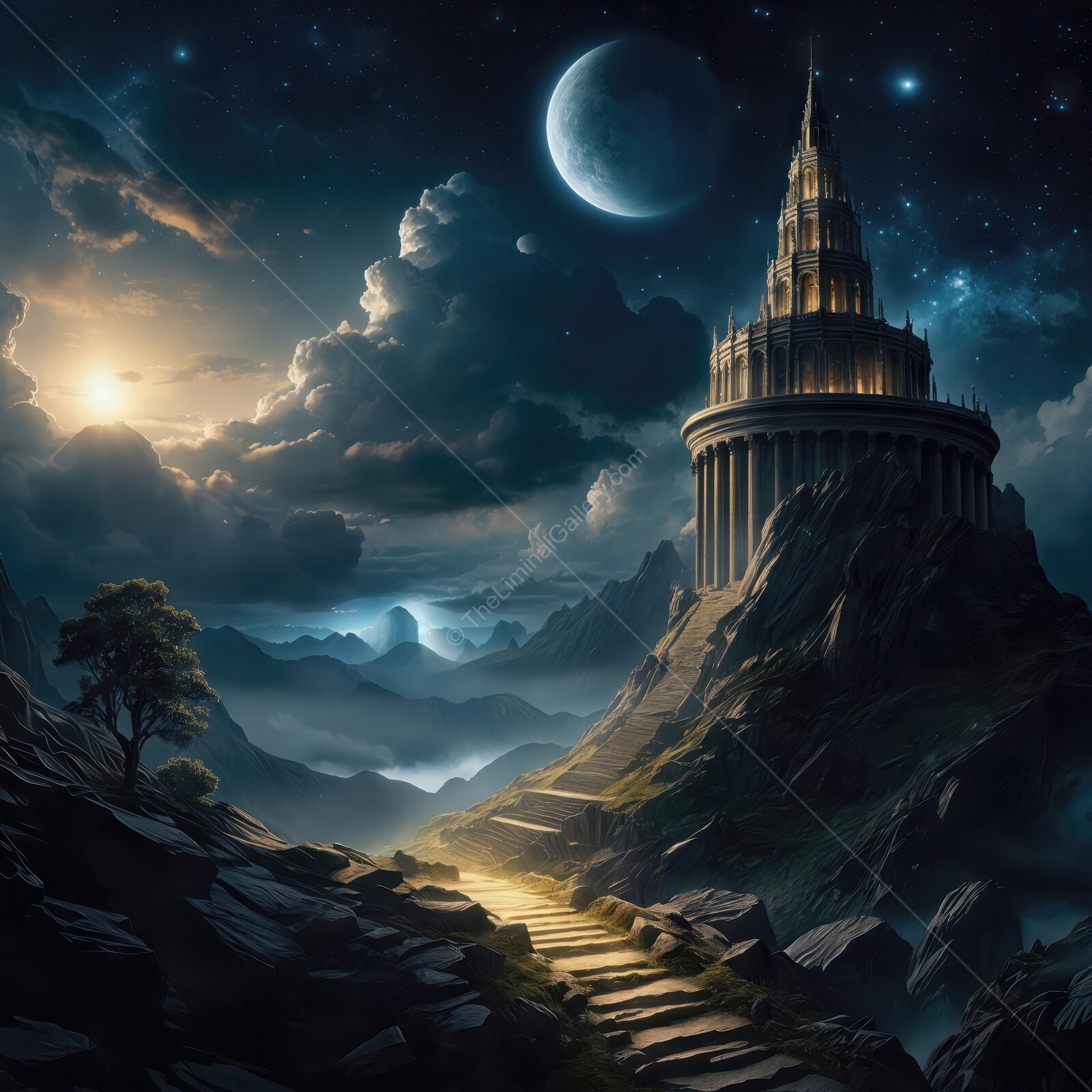 Majestic castle illuminated by moonlight overlooks a mystical landscape at twilight