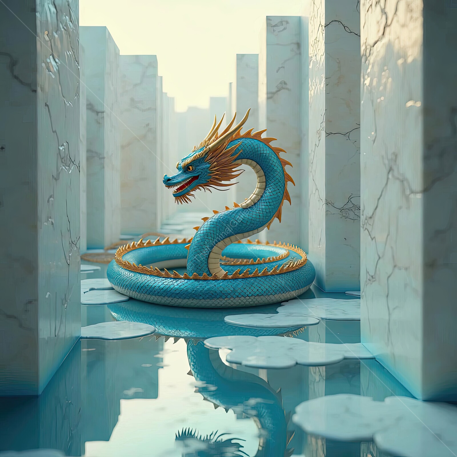 Majestic dragon coils gracefully amidst an ethereal marble labyrinth at dawn